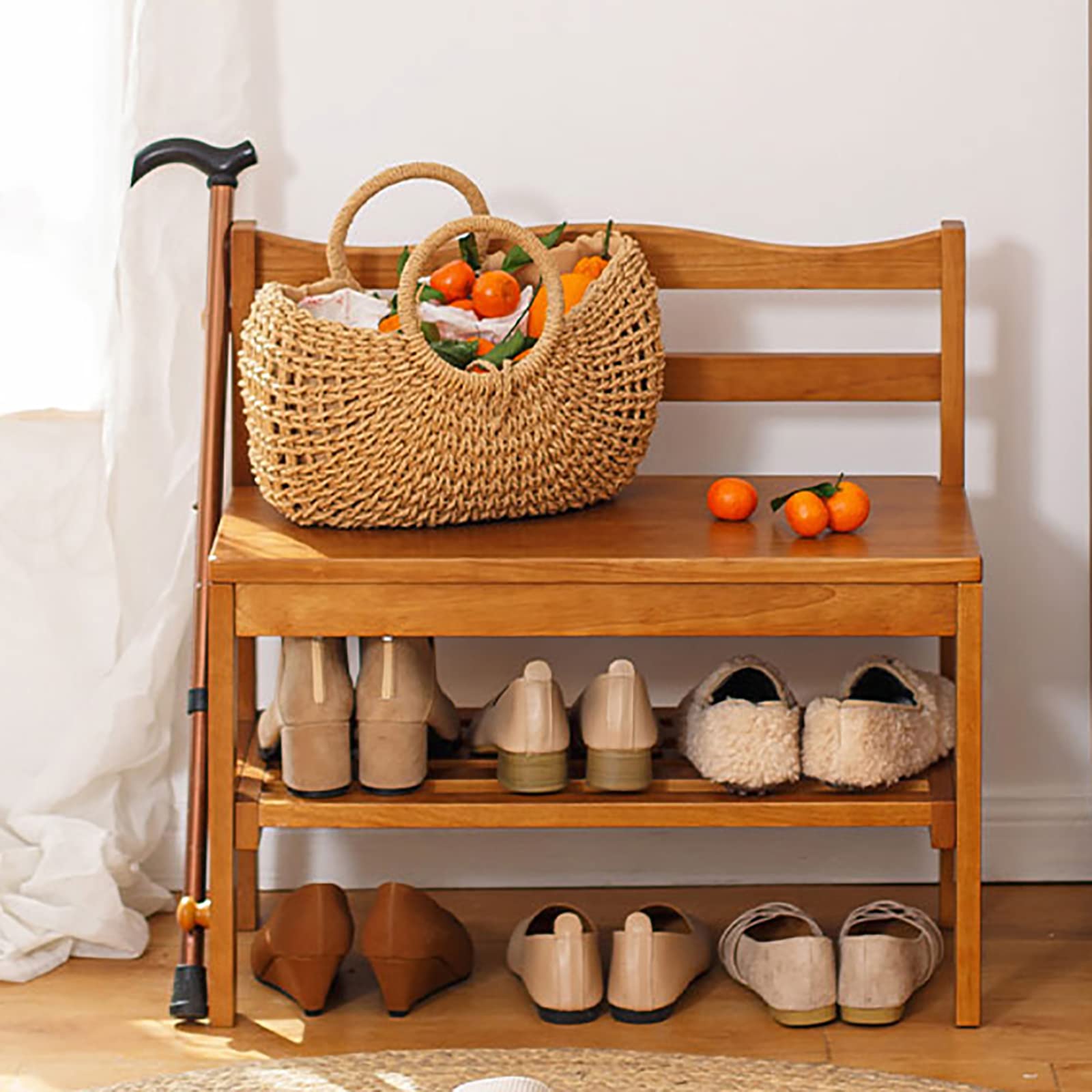 Premium Wooden Shoe Bench with Back - Rustic Farmhouse Entryway Storage Bench, Shoe Organizer & Decor (62x32.5x60cm/24x13x24in, Yellow) - Perfect for Mudrooms, Hallways & Small Space Organization