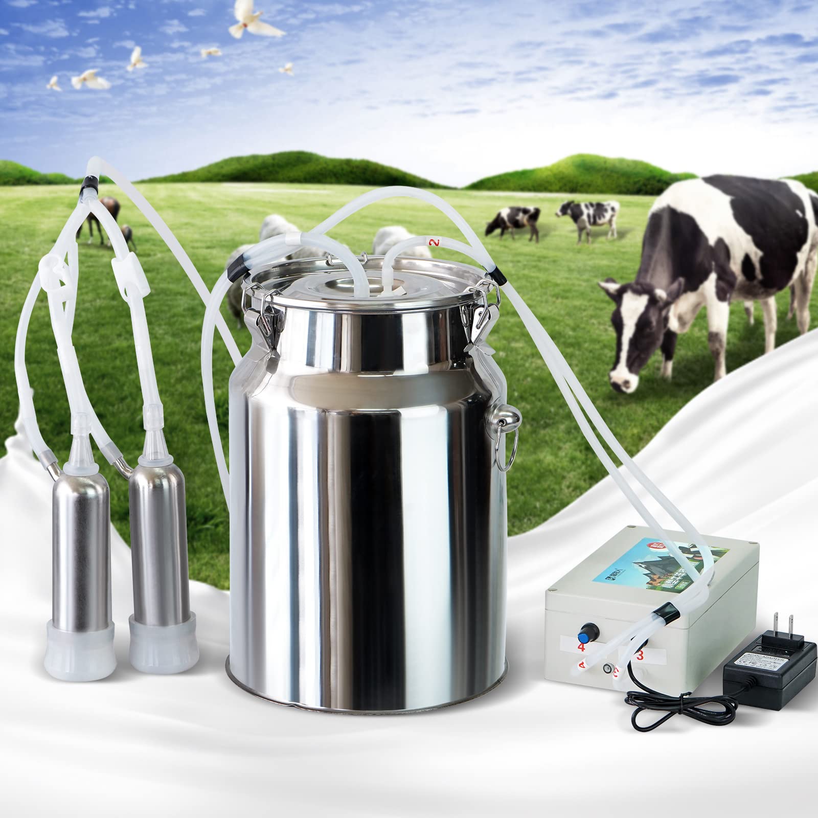 10L Electric Cow Milking Machine - Automatic Portable Vacuum Pump Milker with Stainless Steel Bucket, Pulsation System & Cleaning Brush - Ideal for Dairy Farms, Small Homesteads & Livestock Management