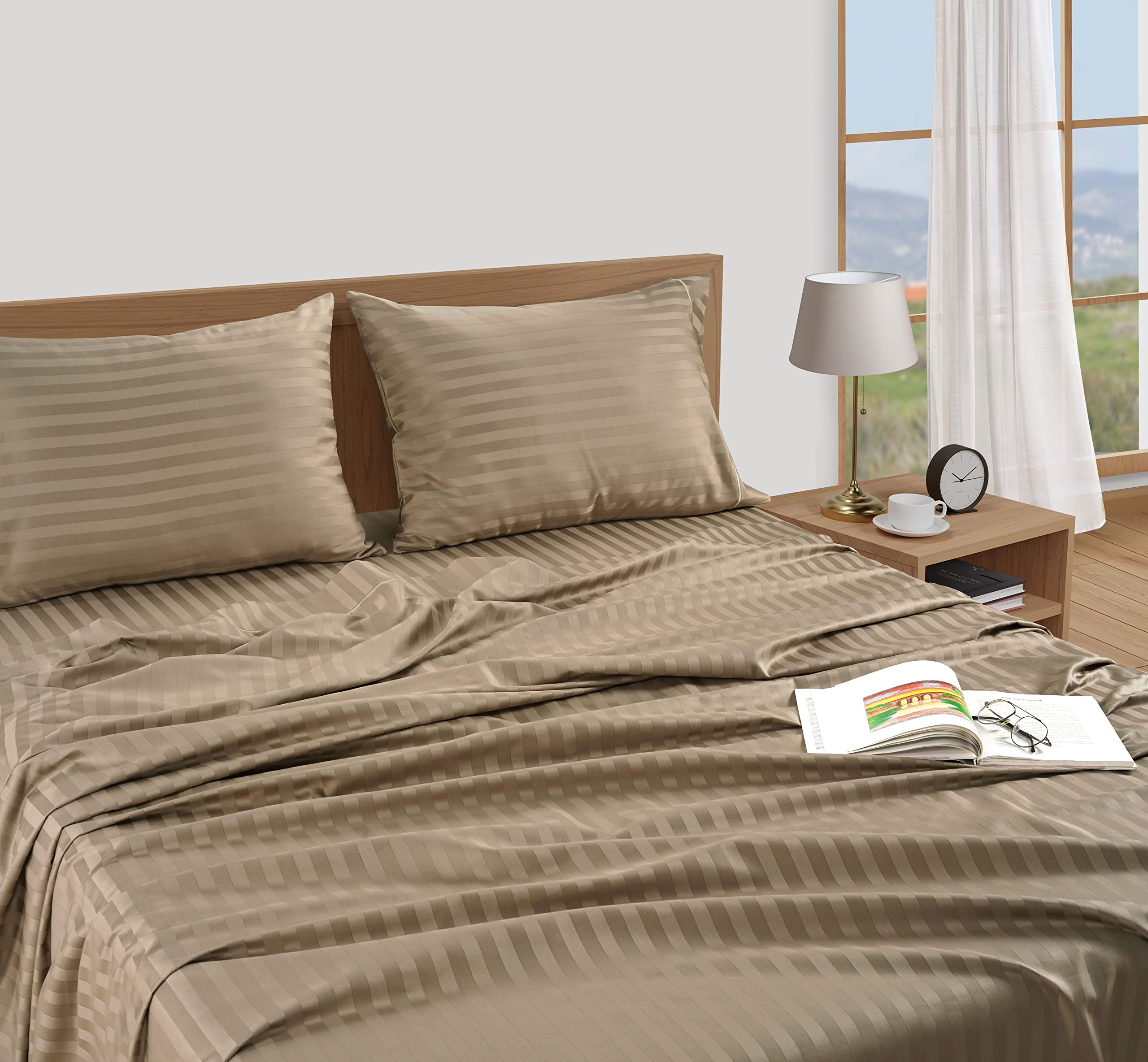 Premium 100% Egyptian Cotton Queen Sheet Set - Sateen Weave, Deep Pocket, Damask Striped Taupe Bedding for Luxury Comfort | Perfect for Master Bedroom, Guest Room & Hotel Style Bedding