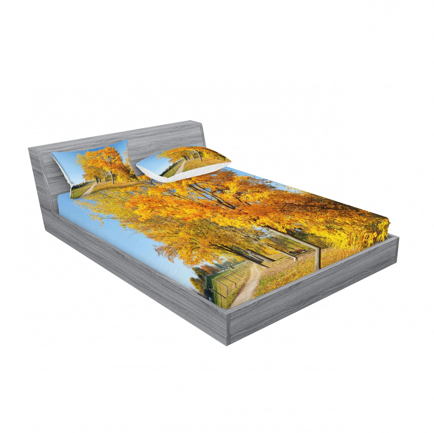 Ambesonne Autumn Maple Trees Countryside 4-Piece Bedding Set - 2 Full Size Fitted Sheets & 4 Pillow Shams - Pale Blue Yellow Green Fall Decor - Perfect for Cozy Bedroom, Guest Room & Seasonal Home Decor
