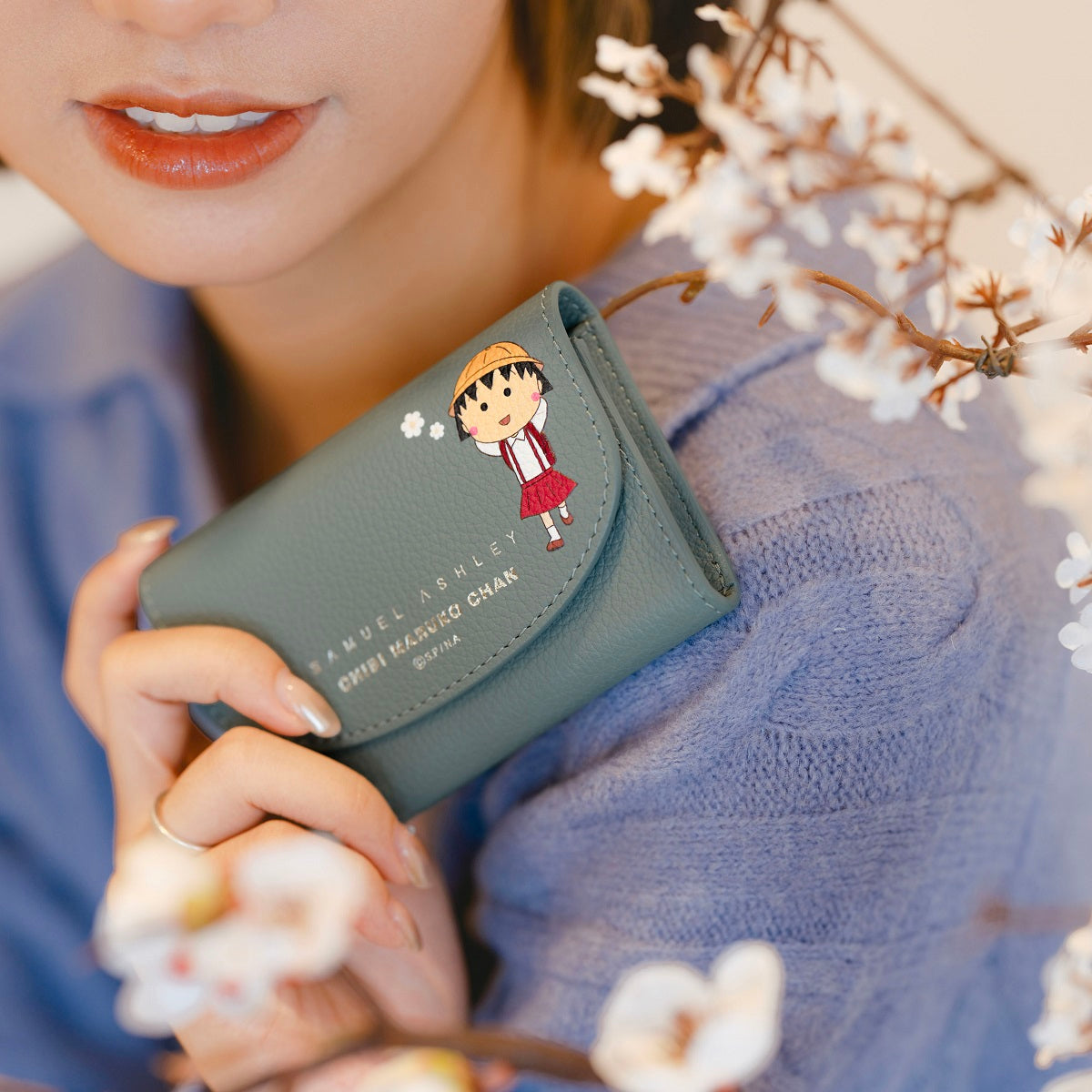 Samuel Ashley x Chibi Maruko Chan Genuine Leather Mini Wallet for Women - Cute Anime Character Design Slim Card Holder for Everyday Use, Travel & Gift Giving