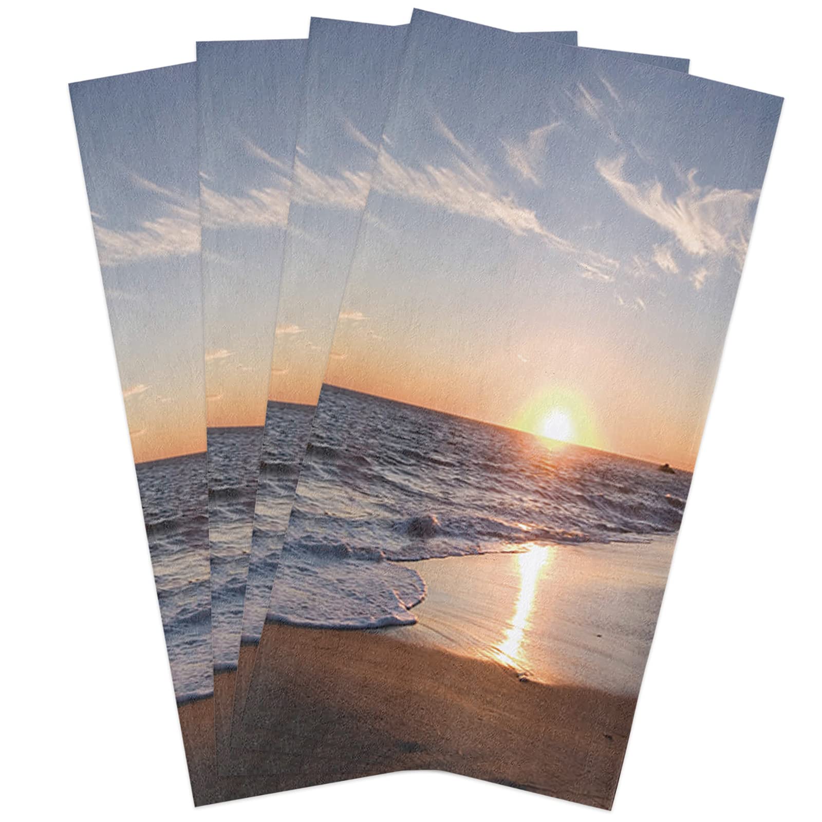 Zadaling Kitchen Towels Set of 4 - 16x28 Inch Soft Cotton Dish Cloths with Tropical Sea Sunset Beach Wave Design - Absorbent Tea Towels, Bar Towels & Hand Towels for Kitchen, Restaurant, and Beach House Use