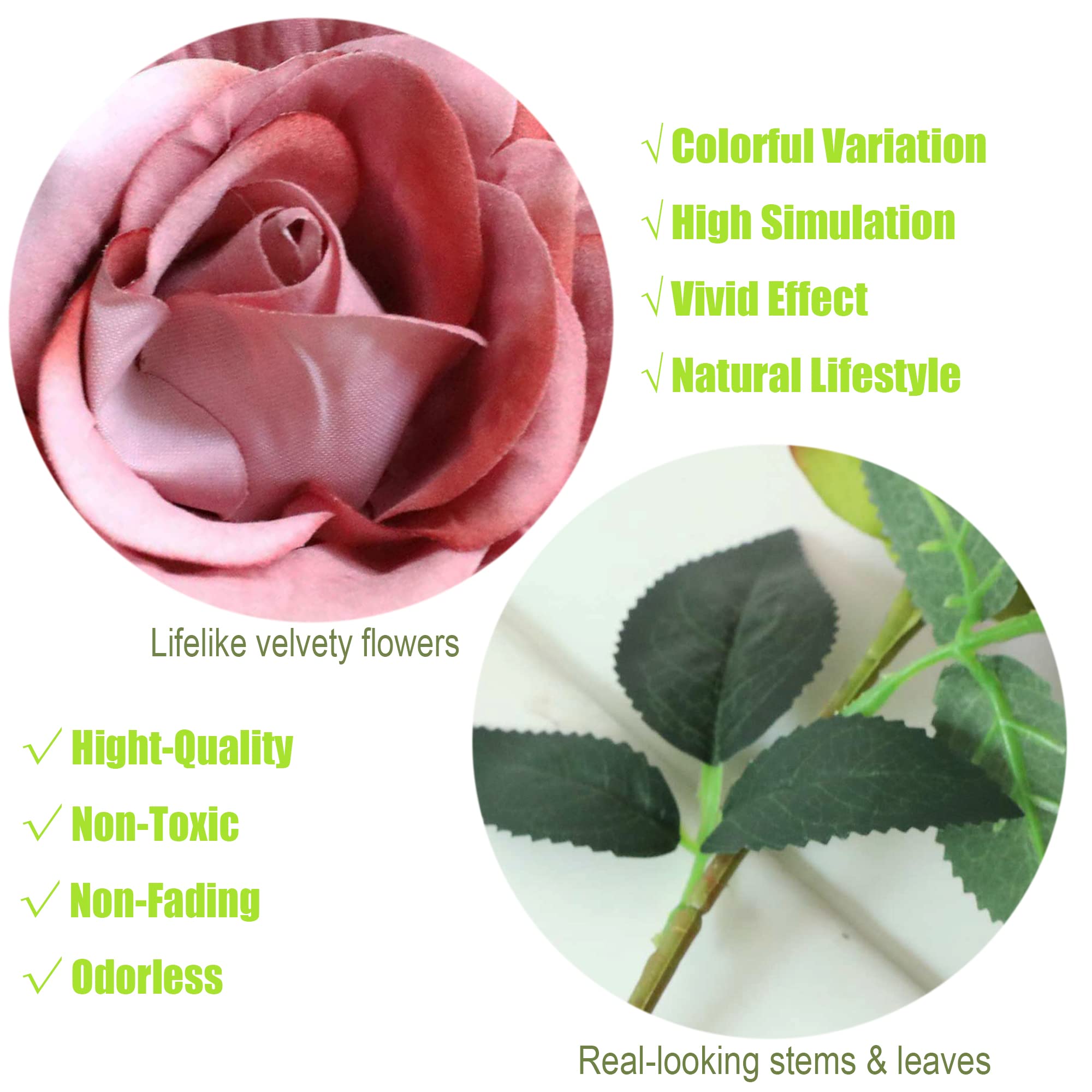 12pcs Velvet Rose Artificial Flowers - 12 Inch Realistic Fake Roses with Stems & Leaves, Dusty Pink Floral Decor for Home, Wedding, Party Centerpieces, DIY Bouquets, Table Arrangements & Gift Wrapping