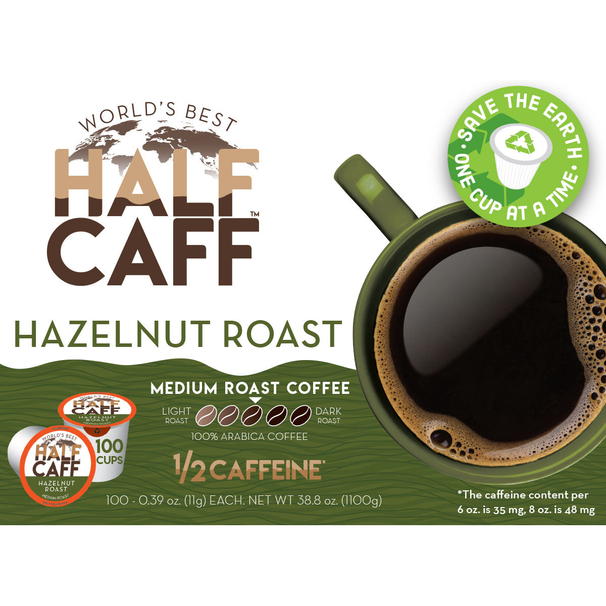 World's Best Half Caff™ Hazelnut Flavored Coffee Pods - Medium Roast K-Cup Compatible for Keurig Brewers - Perfect for Home & Office Use