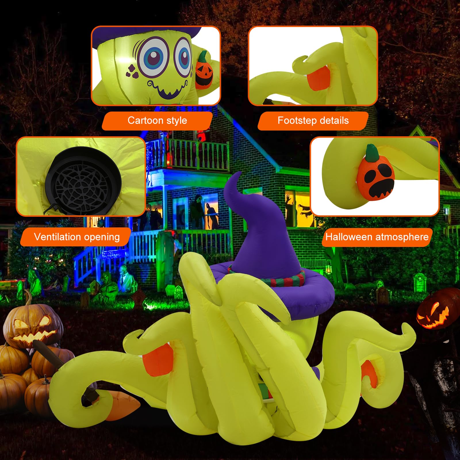 6ft Green Witch Octopus Halloween Inflatable Outdoor Decoration with LED Lights - Spooky Yard, Lawn & Garden Decor for Halloween Party, Haunted House, Trick or Treat, Family Vacation & Holiday Celebrations