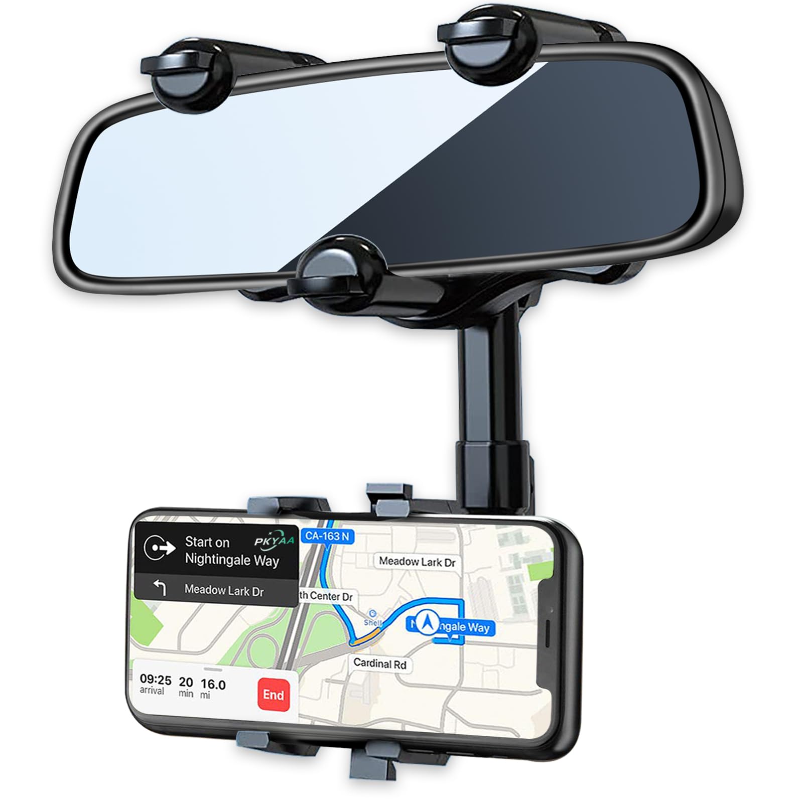PKYAA 360° Rotating Car Phone Holder for Rearview Mirror - Adjustable Arm Length, Universal Mount Compatible with All Smartphones & GPS Devices - Perfect for Hands-Free Navigation, Rideshare Driving & Road Trips