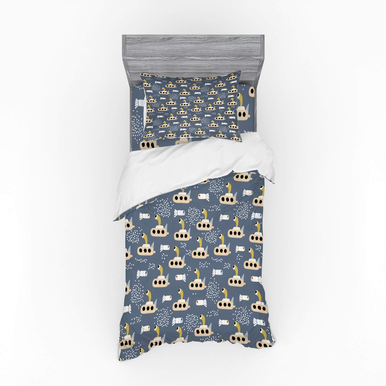 Ambesonne Cartoon Submarine Themed Bedding Set - 3 Piece Duvet Cover with Pillow Sham & Fitted Sheet, Twin Size, Pale Coffee & Slate Blue - Perfect for Kids' Rooms, Themed Bedrooms & Unique Gift Ideas