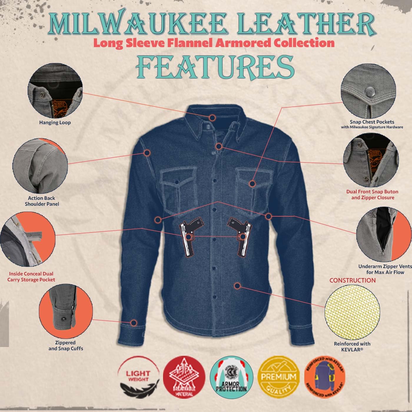 Milwaukee Leather MPM1645 Men's Plaid Flannel Biker Shirt with CE Approved Armor - Aramid Fiber Reinforced - Medium Blue | Motorcycle Riding Gear for Safety & Comfort