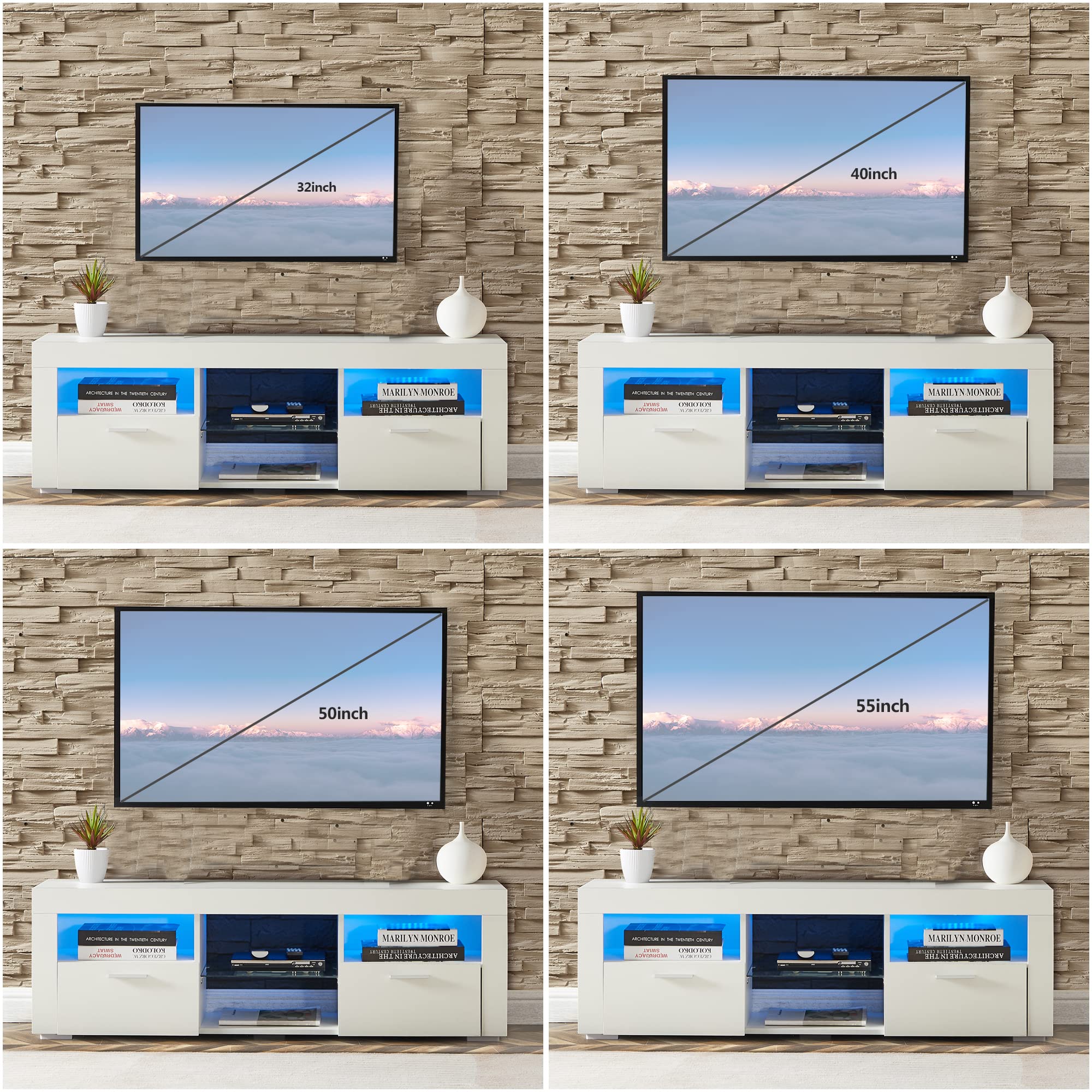 55 Inch TV Stand with LED Lights & 2 Drawers - Modern White Gloss Entertainment Center, Living Room TV Console Table for Home Theater Setup - Perfect for Gaming, Movie Nights & Family Entertainment
