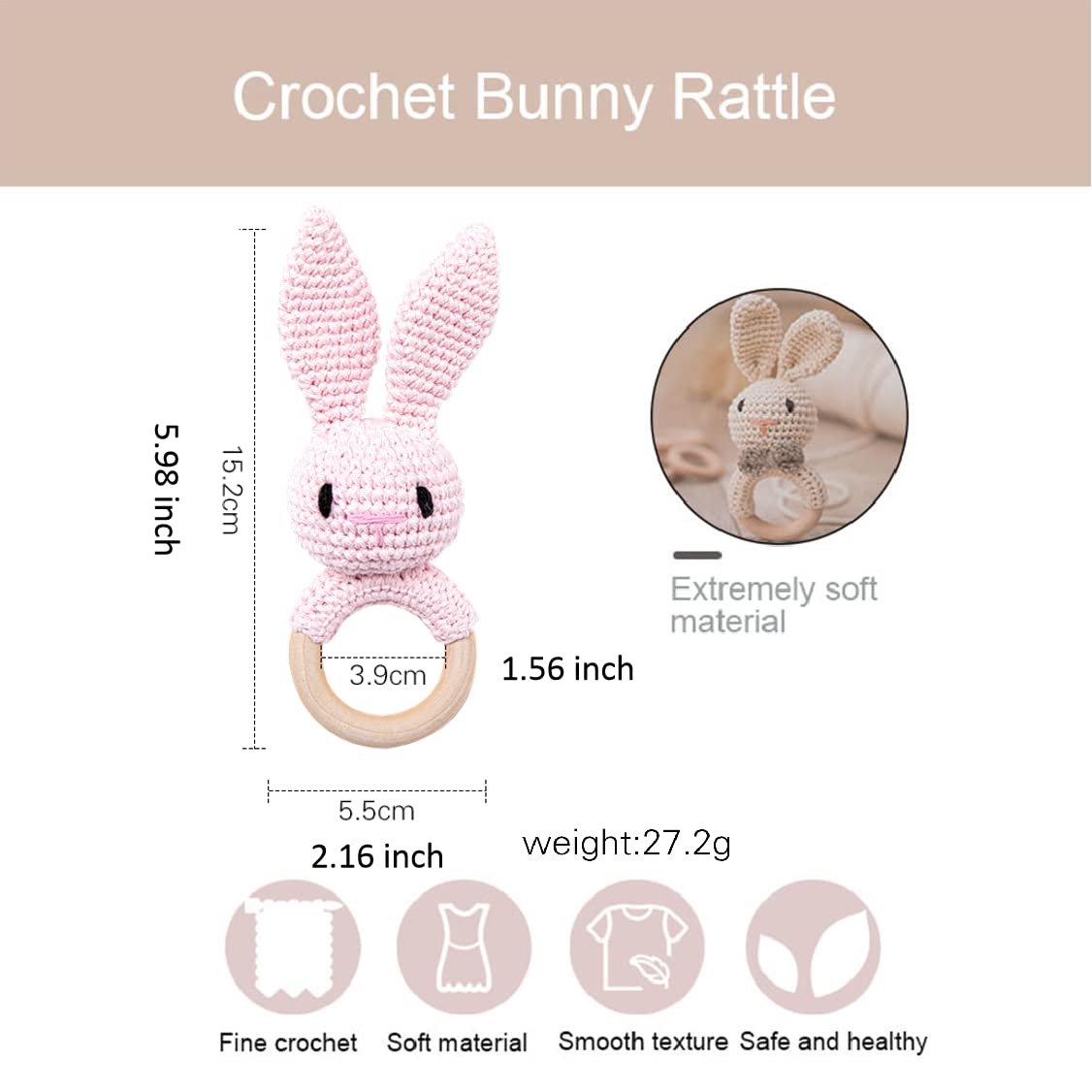Wooden Baby Rattle for Toddlers - Handmade Crochet Pink Bunny Ring Rattle Toy | Safe & Natural Newborn Infant Toy | Perfect for Teething, Sensory Play & Early Childhood Development