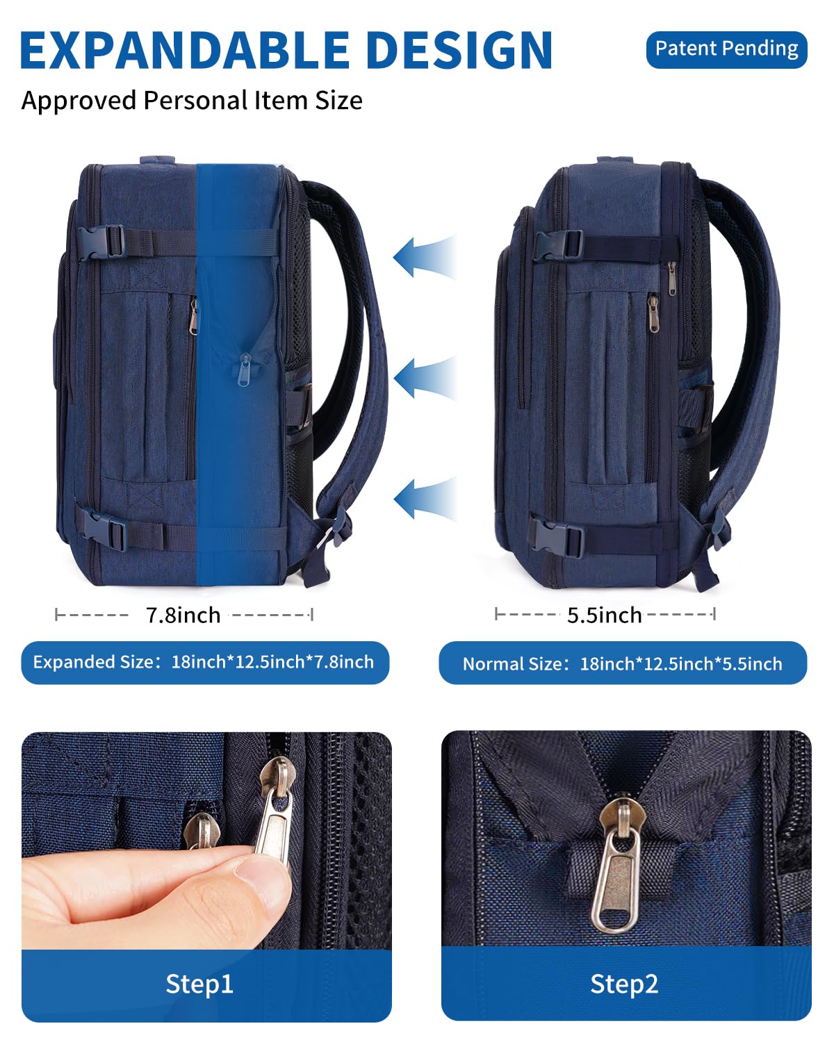 WANDF Expandable 17 Inch Laptop Backpack - Airline Approved Carry-On Bag 18x14x8 with Water-Resistant Pocket for Men & Women (Navy Blue) - Perfect for Travel, Work & School