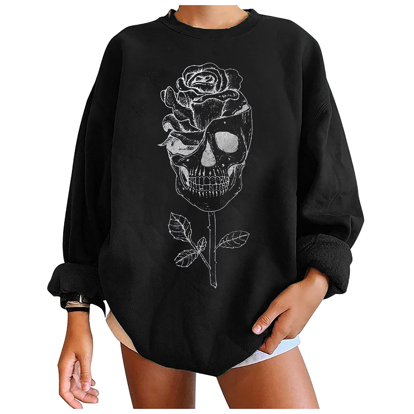 Women's Halloween Printed Crew Neck Sweatshirt - Soft Lightweight Drop Shoulder Pullover Top for Fall, Casual Wear & Holiday Outfits