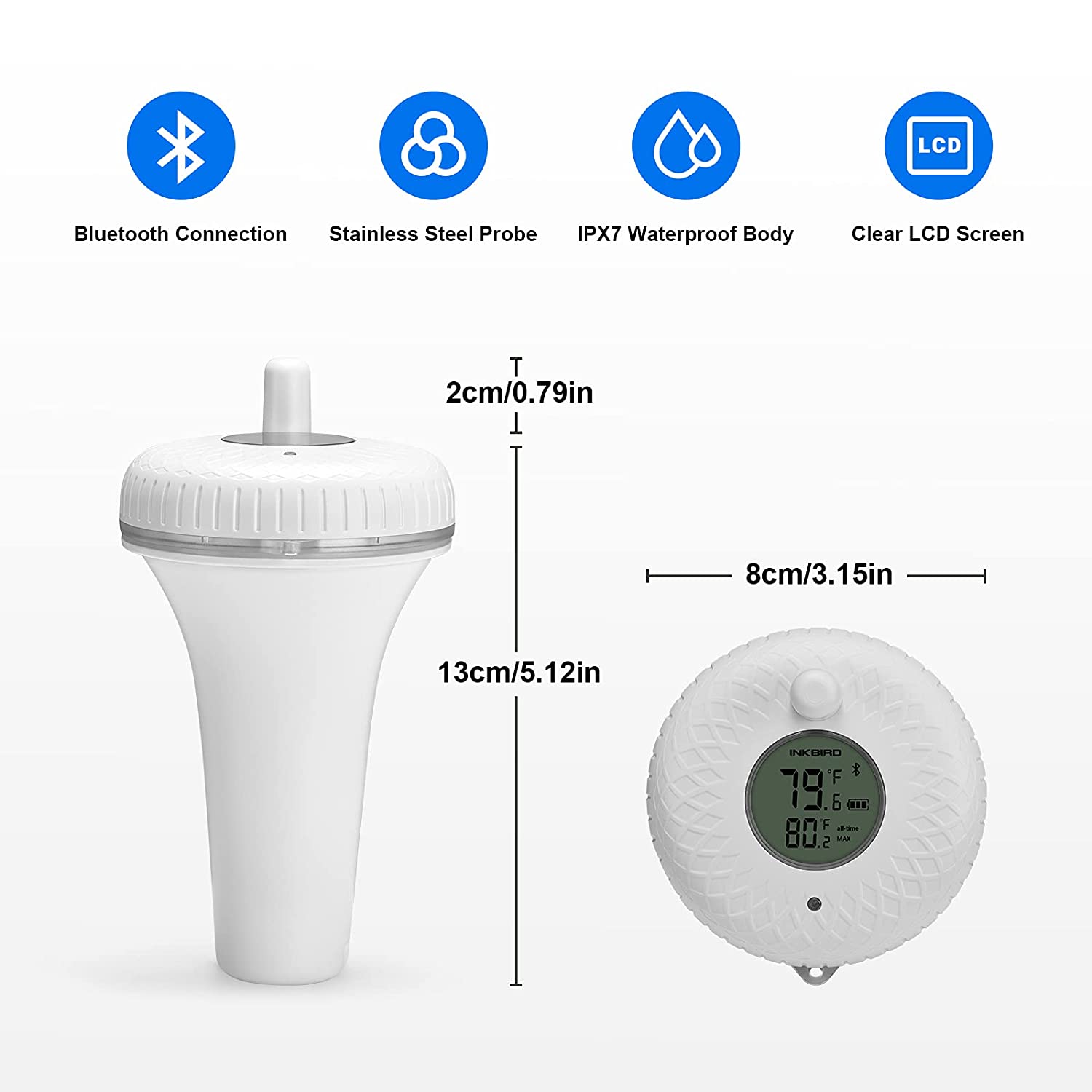 Wireless Bluetooth Pool Thermometer IBS P01B - Waterproof Floating Temperature Sensor for Swimming Pools, Hot Tubs & Spas - Monitor Water Temp Remotely via Smartphone App