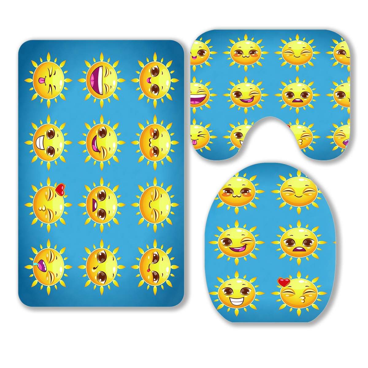 ECZJNT Cute Cartoon Sun Character Emotions 3-Piece Bathroom Rug Set - Non-Slip Bath Mat, Contour Rug & Toilet Lid Cover for Summer Decor | Soft Absorbent Microfiber for Kids & Adults Bathroom