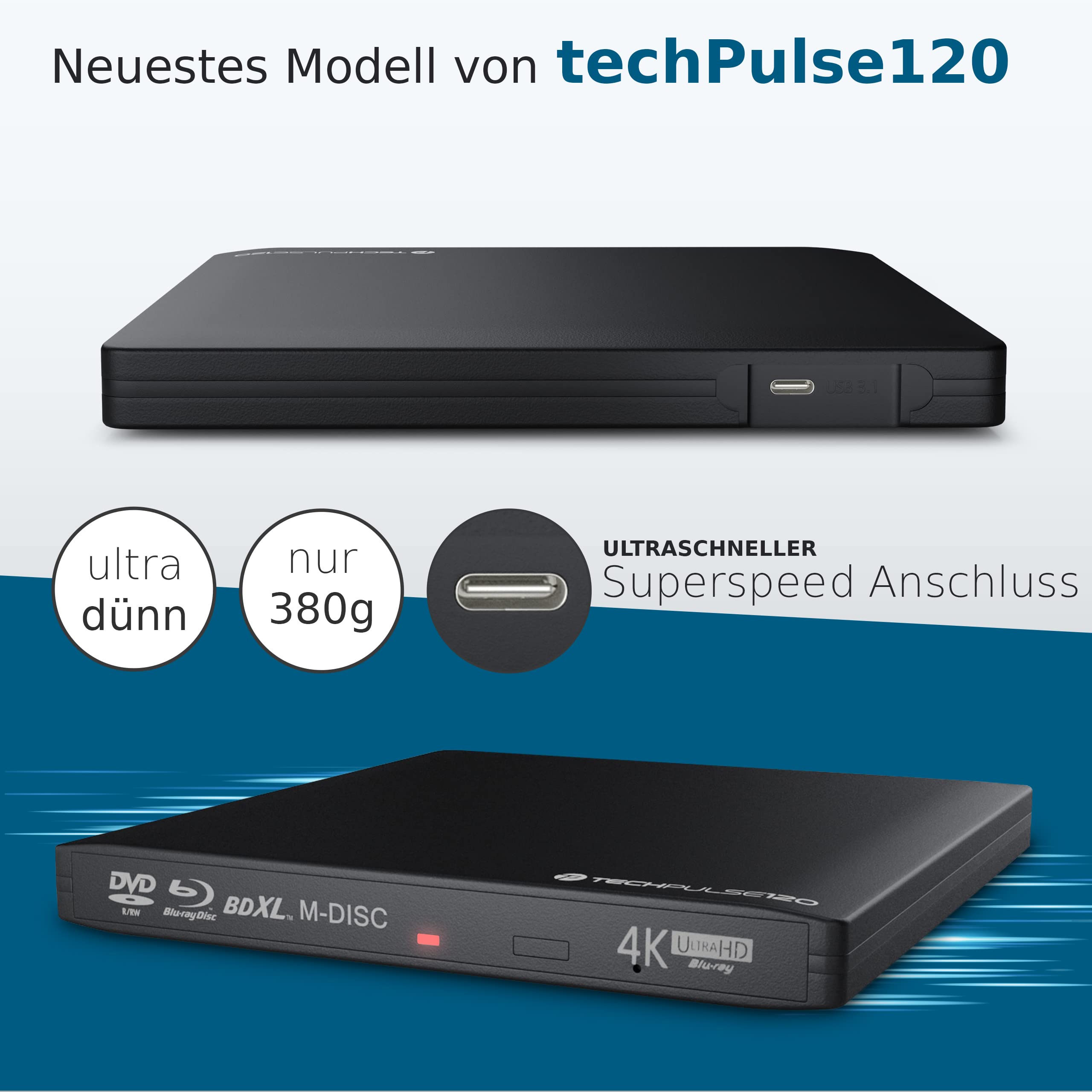 techPulse120 USB 3.1 Type-C External UHD HDR 4K 3D Blu-ray Burner Drive - Supports BDXL, M-Disc, DVD & CD - Compatible with Windows/Mac, PC, Laptop, iMac (Aluminum Black) - Perfect for Home Theater, Media Backup & Professional Video Editing