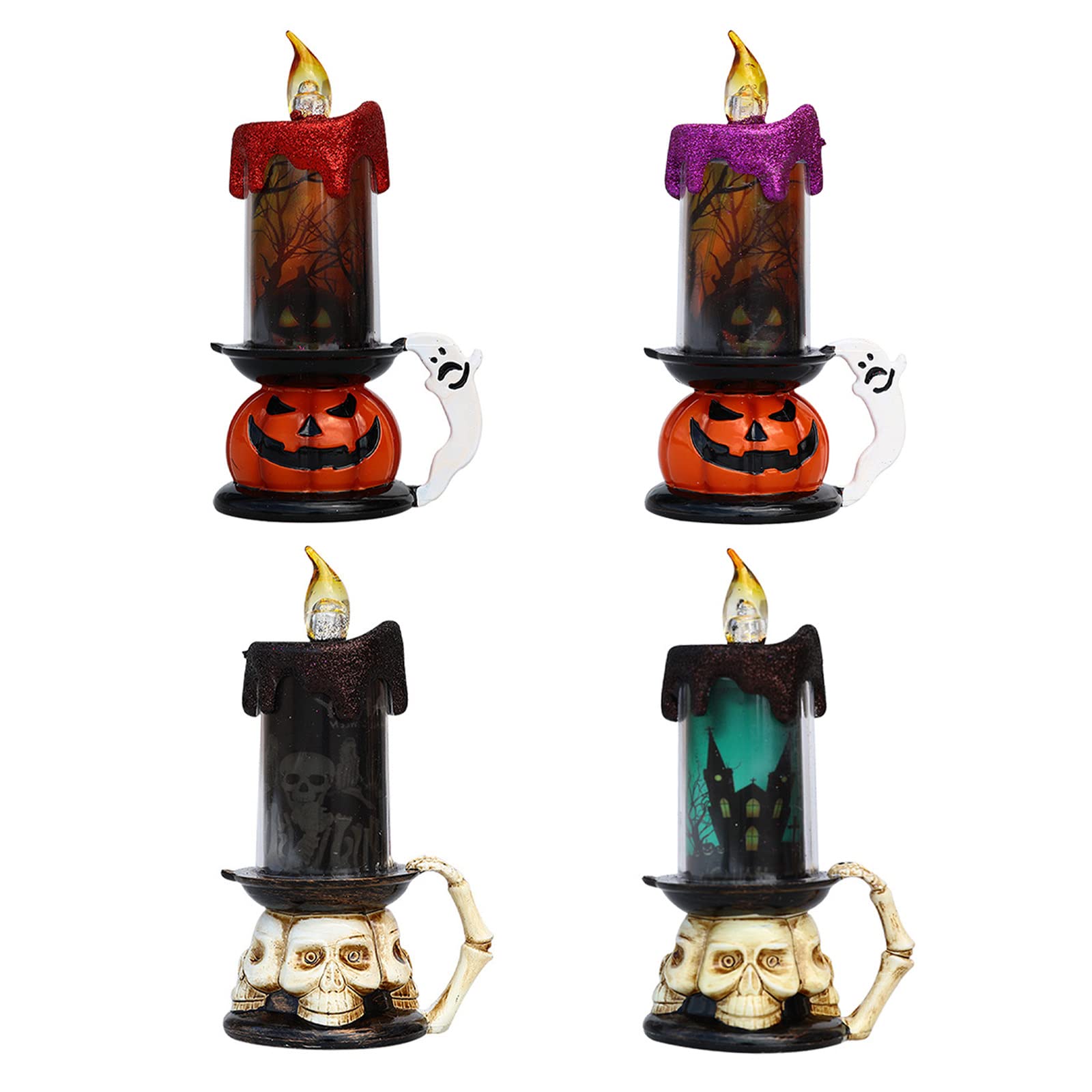 4 Pack MISNODE Halloween Flameless LED Candles - Spooky Glitter Candles with Skeleton Pumpkin Holder, Battery Operated Snow Globe Lights for Halloween Party Decor | Perfect for Home, Yard, and Haunted House Decorations