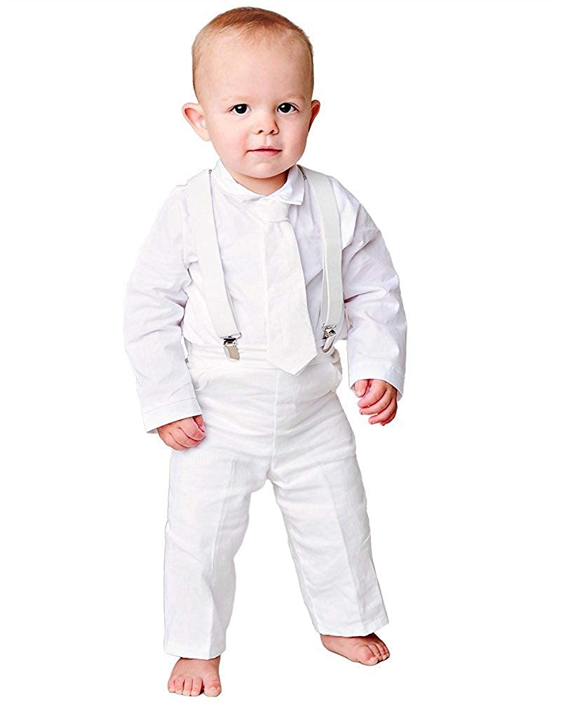 Landen Baby Suspenders Christening Outfit - Classic Baptism Romper for Boys & Girls - Perfect for Church, Christening & Special Occasions