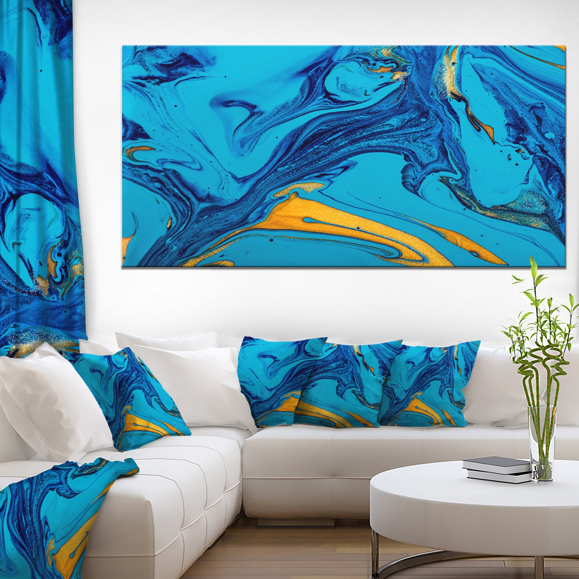 Designart PT9990-60-28 Soft Blue Acrylic Abstract Painting on Canvas - 28x60 Inches Ready to Hang Wall Art - Modern Home Decor for Living Room, Bedroom & Office