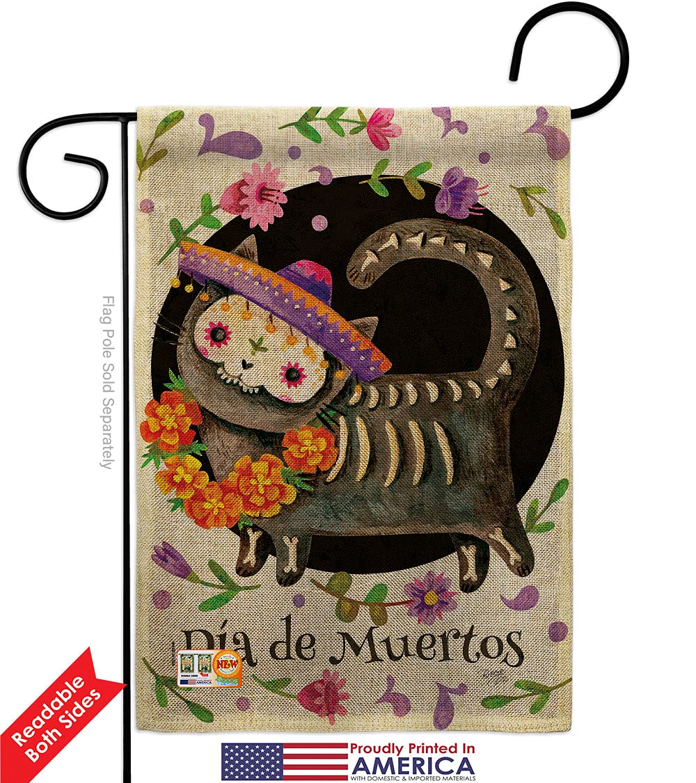 Day of the Dead Cat Burlap Garden Flag Kit - Double-Sided Mexican Party Decor for Fall, Dia de Muertos, Halloween & Autumn - Made in USA (28x40 Inches) - Perfect for Yard, Porch & Festival Decorations