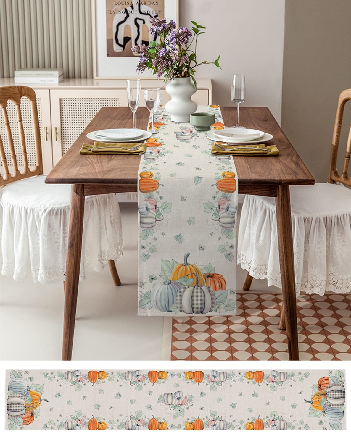72 Inch Cotton Linen Table Runner - Thanksgiving & Fall Farmhouse Decor with Pumpkin Teal Maple Leaf Design, Rustic Burlap Table Scarf for Dining Table, Coffee Table, Wedding & Party Decorations | Perfect for Autumn Gatherings, Holiday Dinners and Farmhouse Style Home Decor
