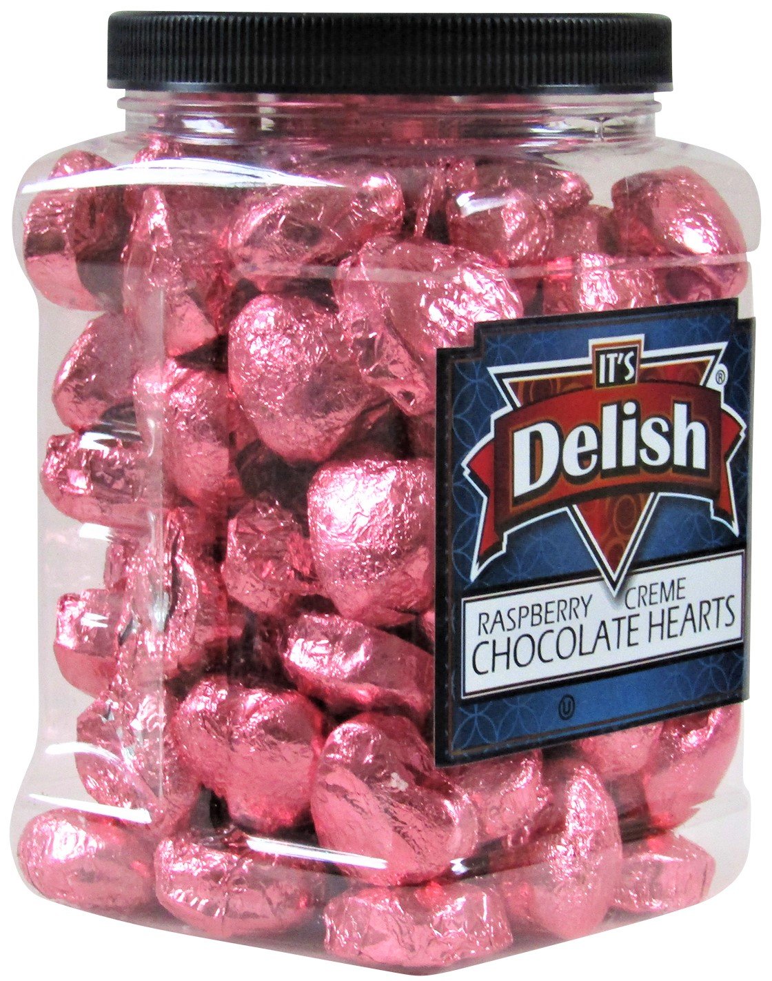 Delicious Raspberry Crème Chocolates Hearts in Elegant Pink Foil - 2.5 LBS Jumbo Jar - Perfect for Valentine's Day Gifts, Wedding Favors & Romantic Celebrations