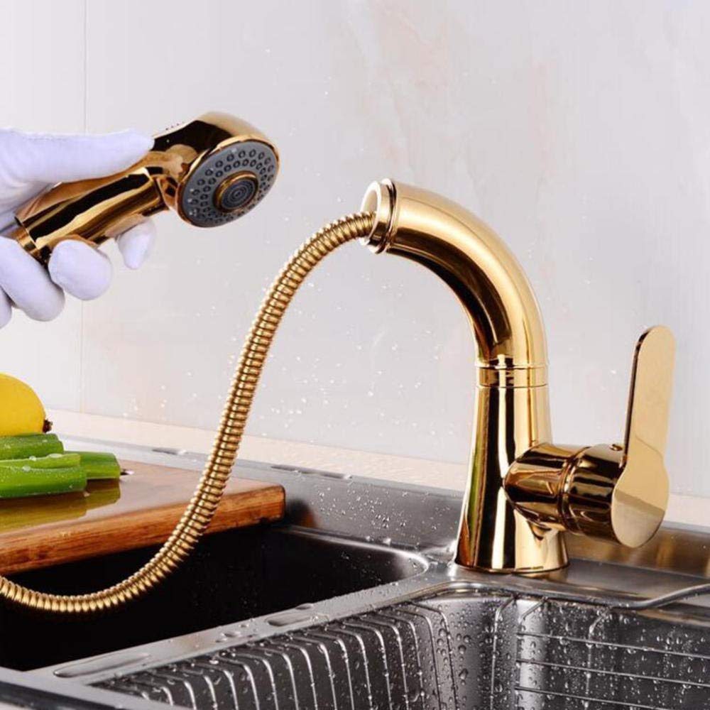 Premium Gold Pull Down Kitchen Faucet with Sprayer - Brass Hot & Cold Water Sink Tap with Telescopic Rotating Spout - Perfect for Modern Kitchens & Bar Sinks