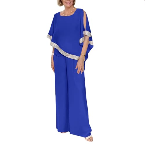 Lady Navy Blue Chiffon Wedding Guest Pantsuit