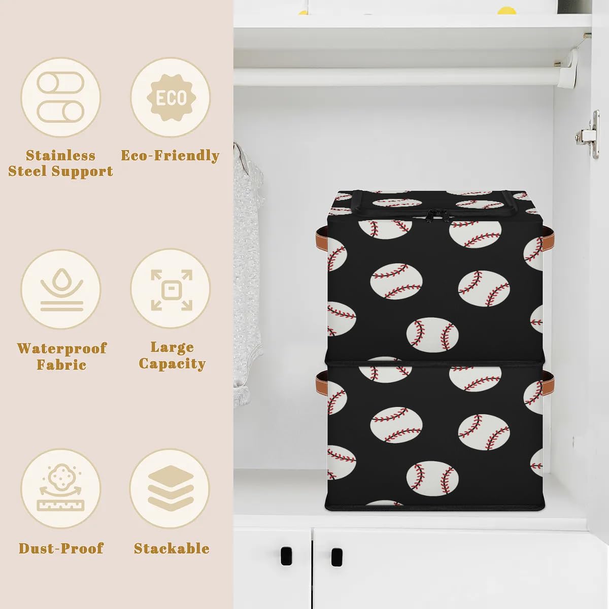 Baseball Print Storage Bins with Zipper Lid - Foldable Fabric Storage Baskets for Clothes, Blankets & Toys - Collapsible Storage Box with Handles (2 Pack) - Perfect for Closet, Nursery & Playroom Organization