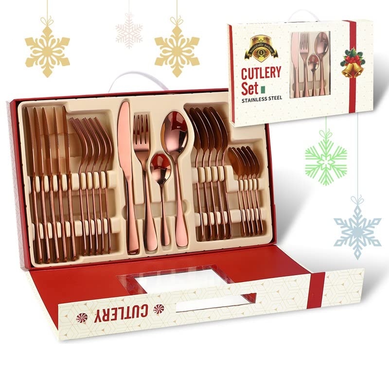 24-Piece Stainless Steel Silverware Flatware Set - Rose Gold Luxury Cutlery (Forks, Spoons, Knives) - Dishwasher Safe Dinnerware for Christmas, Thanksgiving & Formal Dining