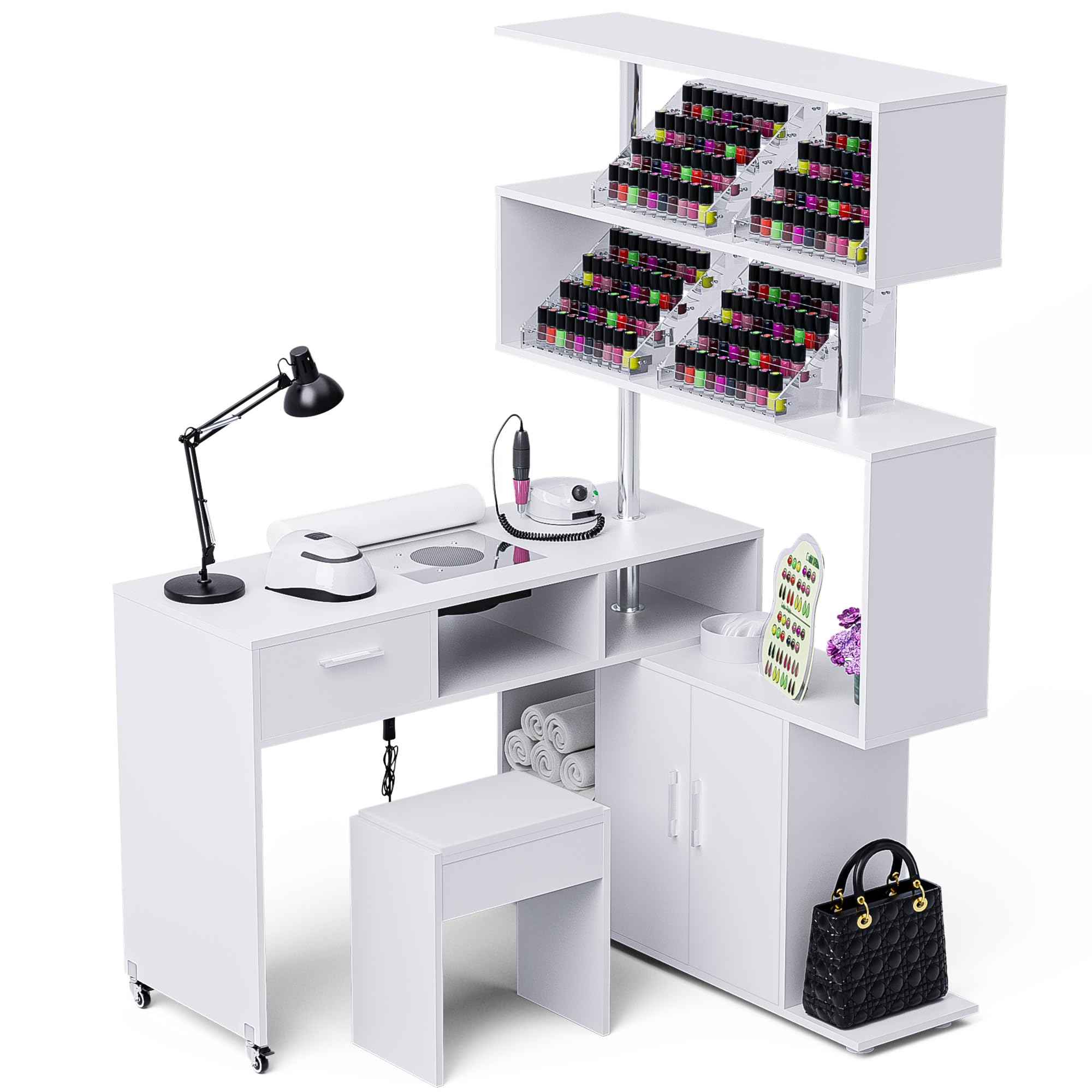 Professional L-Shaped Manicure Table with Built-in Dust Collector, Rotating Reversible Nail Tech Desk with Stool, 2-Way Drawers & Storage Shelves - Mobile Manicure Workstation on Wheels (White) - Perfect for Nail Salons, Home Studios & Professional Nail Technicians