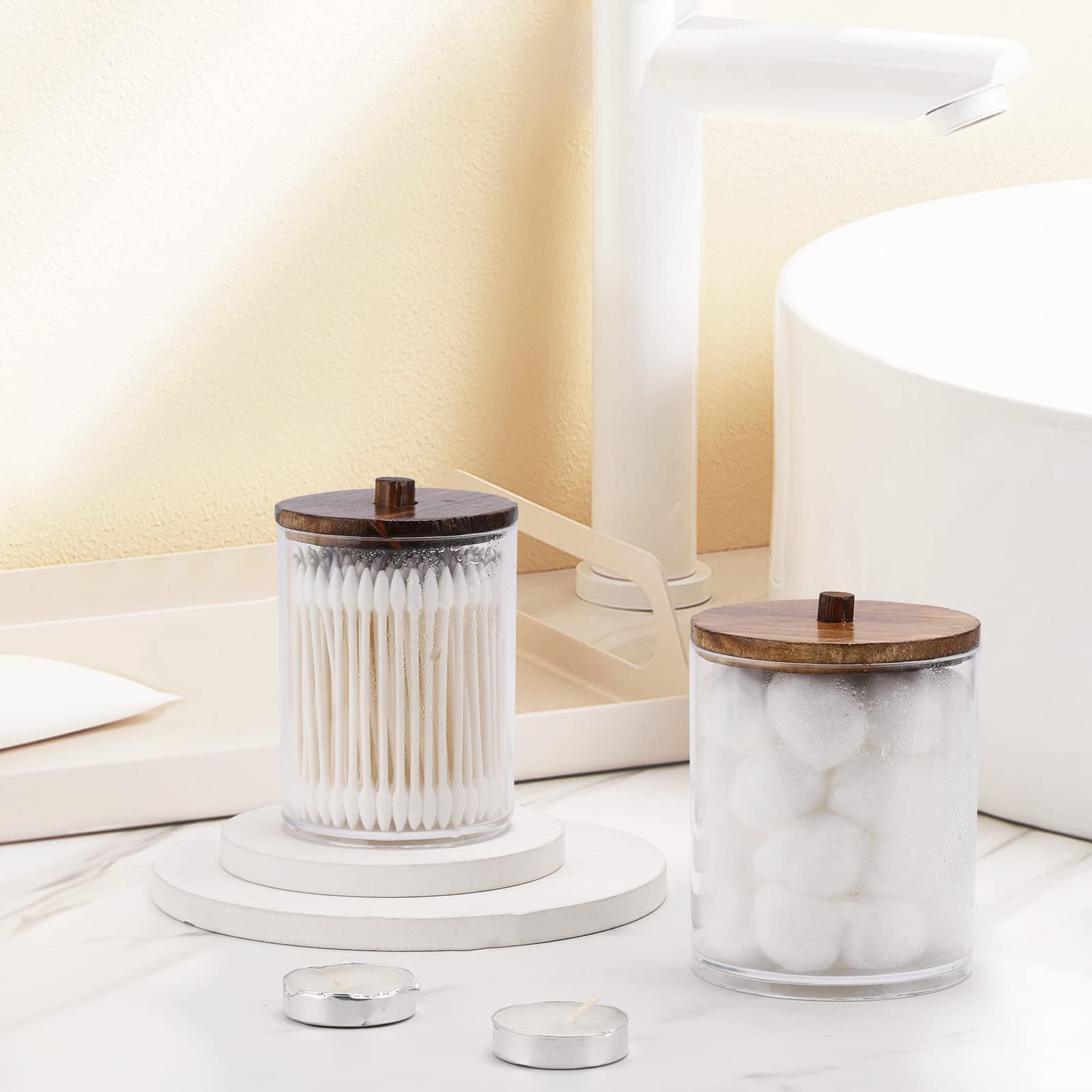 Tbestmax 4-Pack Clear Plastic Apothecary Jars with Brown Wood Lids - 12oz & 10oz Cotton Swab Holder Dispenser for Q-Tips, Cotton Balls & Dental Floss - Bathroom Organizer & Storage Containers for Countertop Vanity, Makeup Brushes & Beauty Essentials