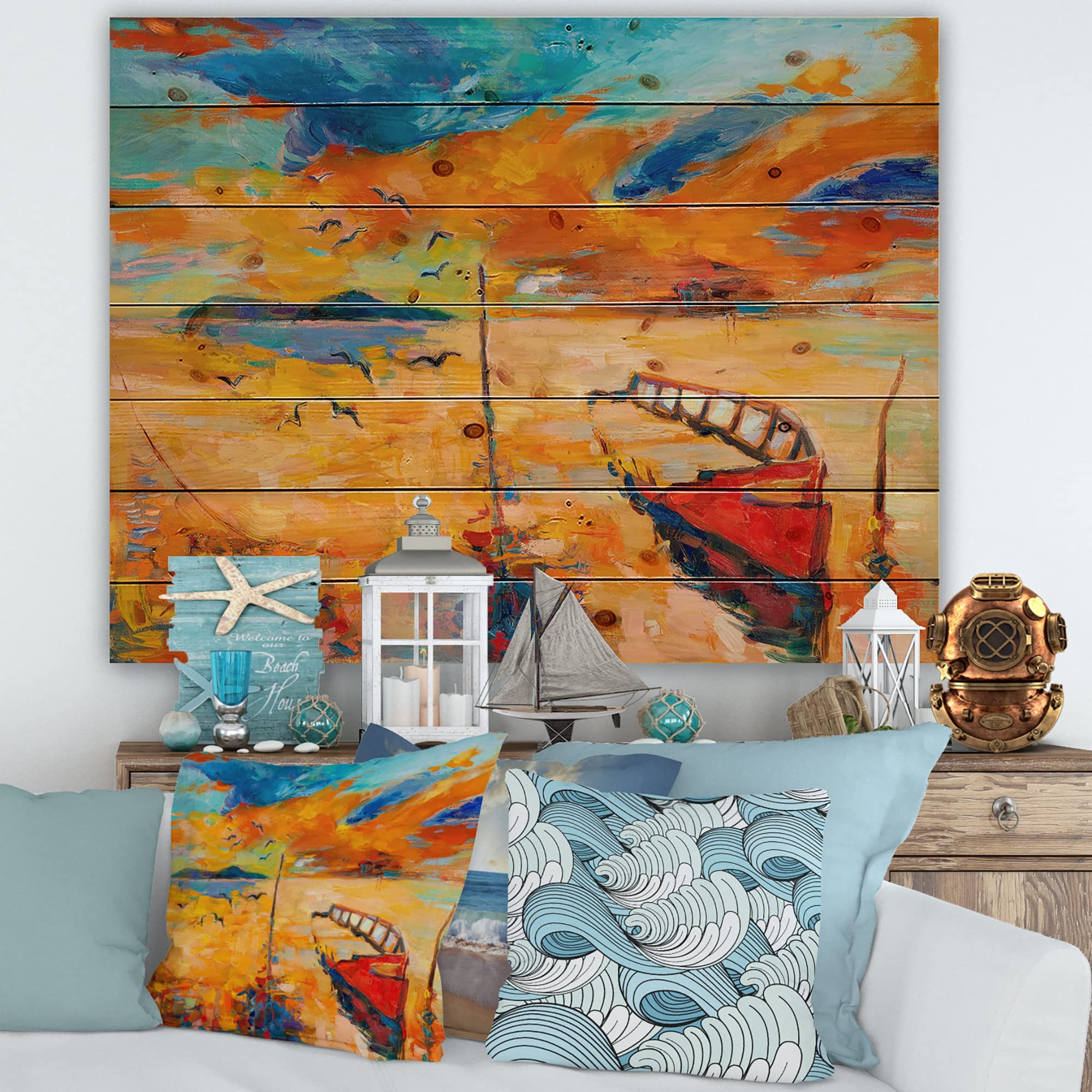 Boat Sunset Lake Wood Wall Art - Nautical Decor for Living Room