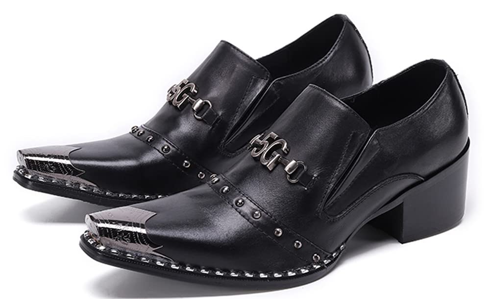 Santimon Men's Genuine Leather Loafers with Stacked Heel & Metal Cap Toe - Classic Snaffle Bit Design for Formal Wear, Business Meetings & Wedding Attire