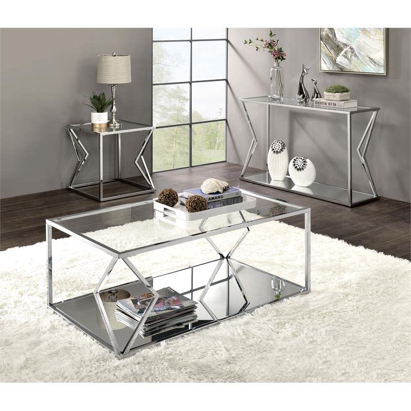 Acme Virtue Clear Glass Top Sofa Table with Chrome Base & Bottom Shelf - Perfect for Living Room, Entryway, or Behind Couch
