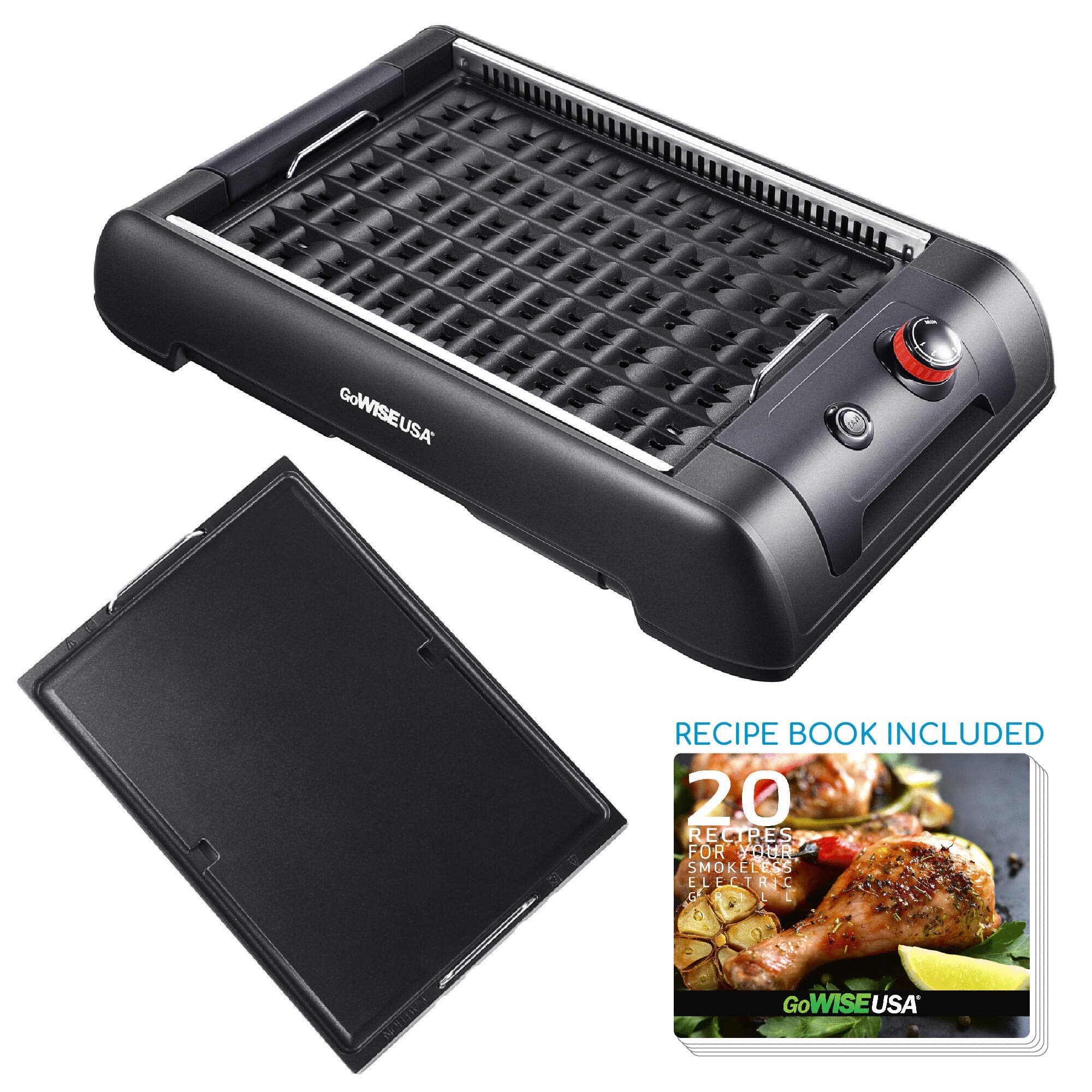 GoWISE USA GW88000 2-in-1 Smokeless Indoor Grill and Griddle with Interchangeable Plates, Removable Drip Pan & 20 Recipes - Large Black Electric Countertop Grill for Healthy Cooking, Steak, Burgers, Pancakes & Family Meals