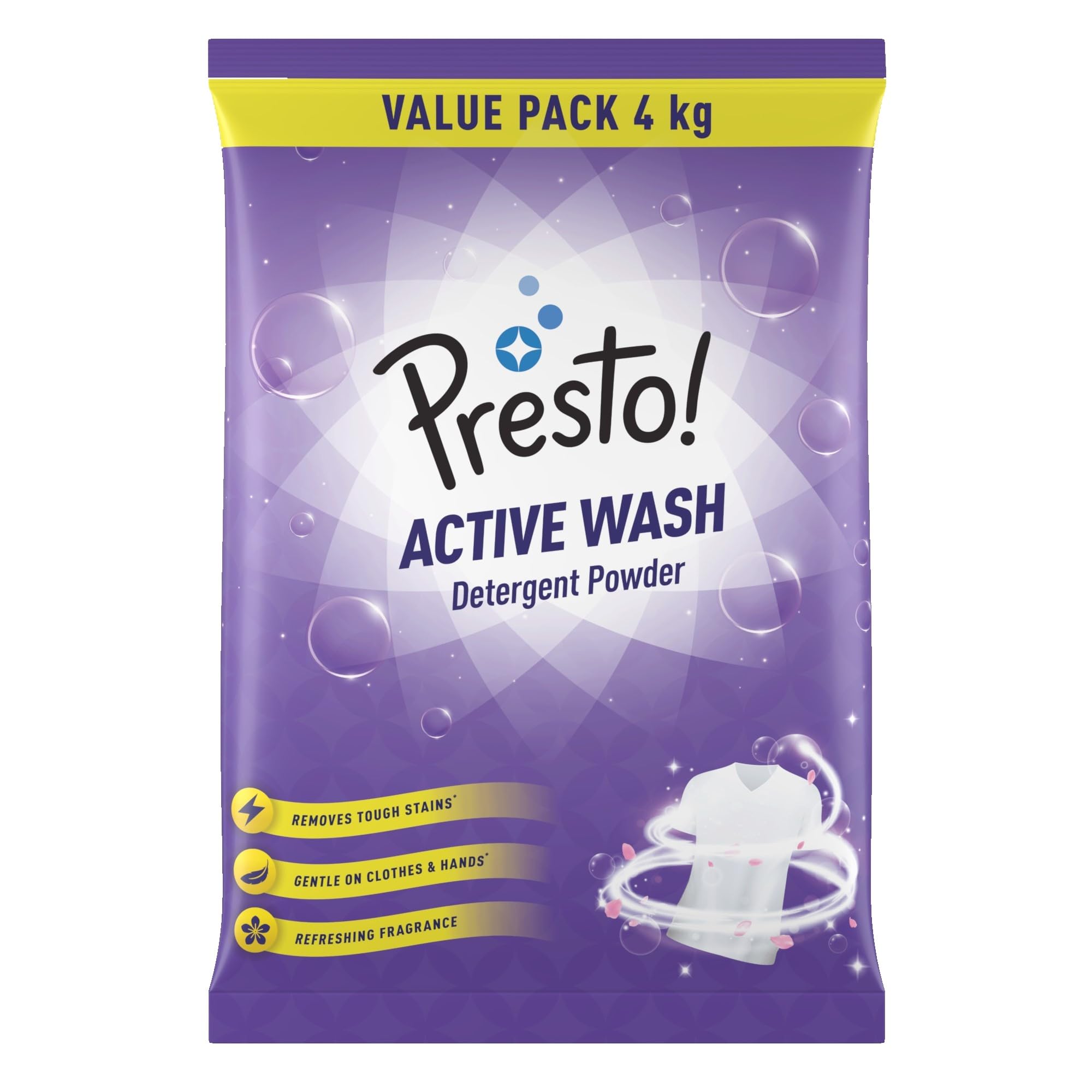 Presto! Active Wash Laundry Detergent Powder 4kg - Tough Stain Remover, Gentle on Fabrics, Color-Safe with Refreshing Fragrance - For Machine & Hand Washing - Perfect for Activewear, Baby Clothes & Everyday Laundry