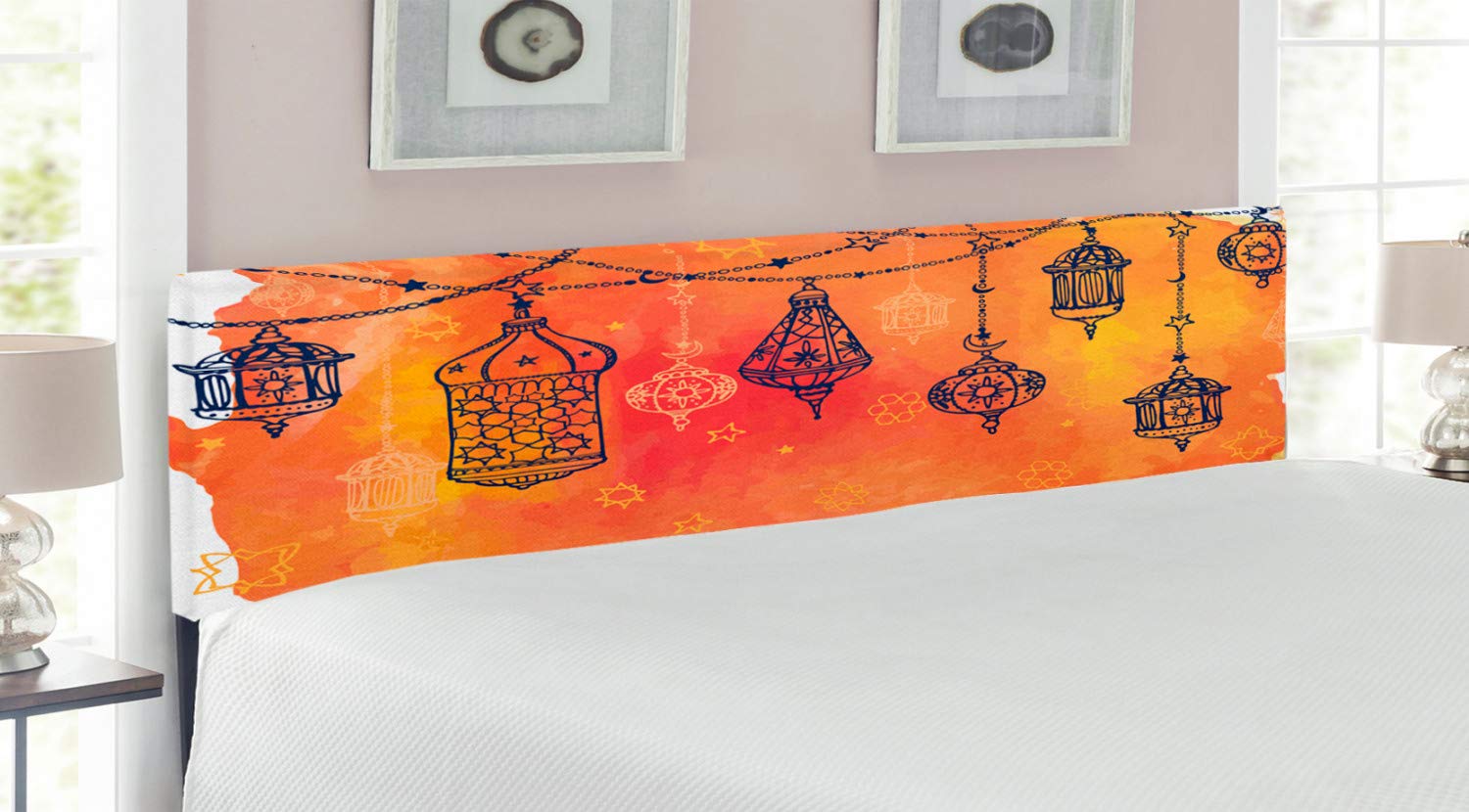 Ambesonne Traditional Oriental Headboard - Middle Eastern Themed Watercolor Floral Design with Memory Foam, King Size Upholstered Metal Bed Frame in Vermilion Orange & Black | Perfect for Bedroom Decor, Guest Rooms & Luxury Hotel Style
