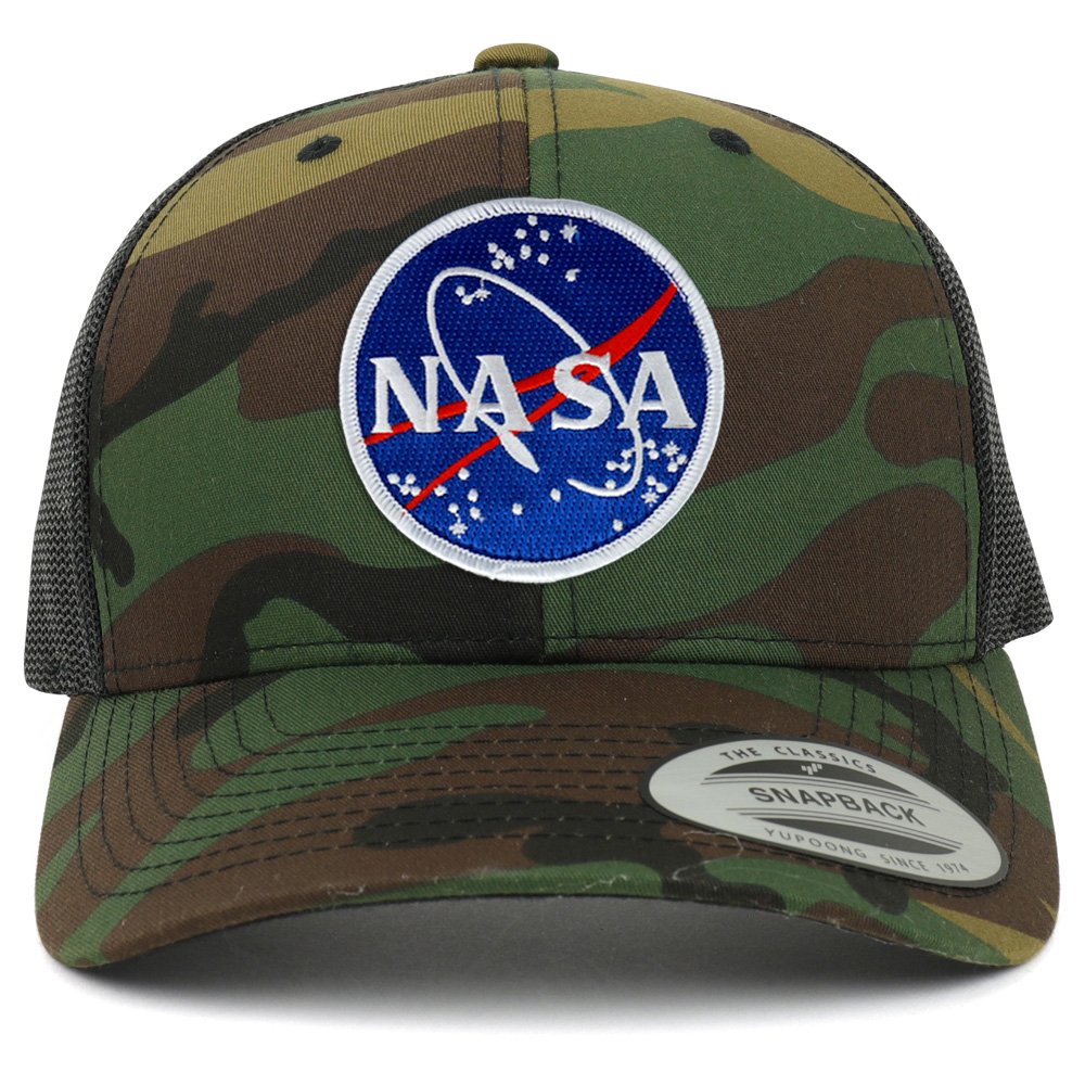 Flexfit NASA Meatball Embroidered Snapback Trucker Mesh Cap - Iron On Patch Hat for Space Enthusiasts, Perfect for Casual Wear, Cosplay & Collectors