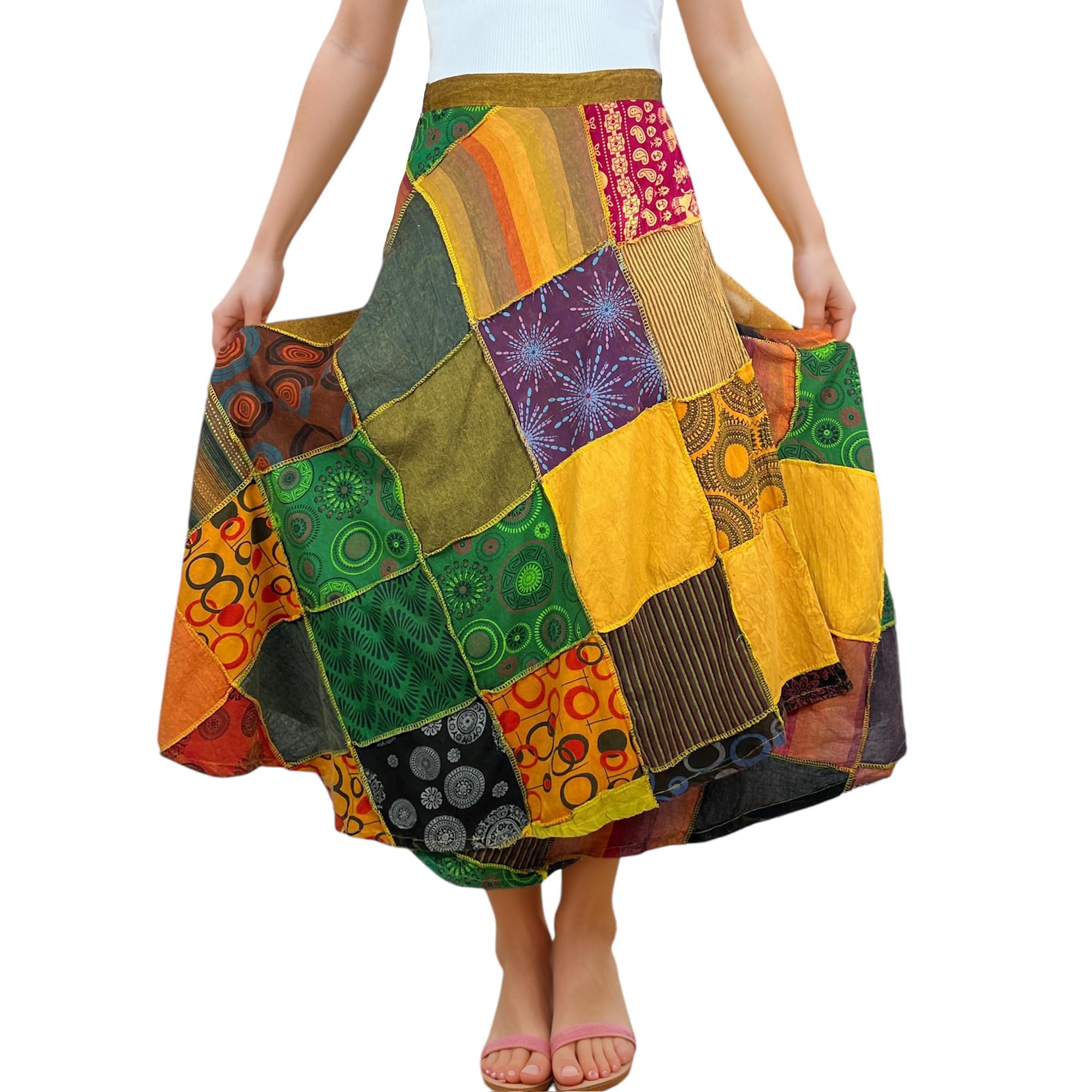 Agan Traders Women's 2025 Spring & Fall Boho Maxi Skirt - High Waisted Long Wrap Skirt with Patchwork & Tie Up Detail | Perfect for Beach, Festival & Bohemian Fashion Outfits