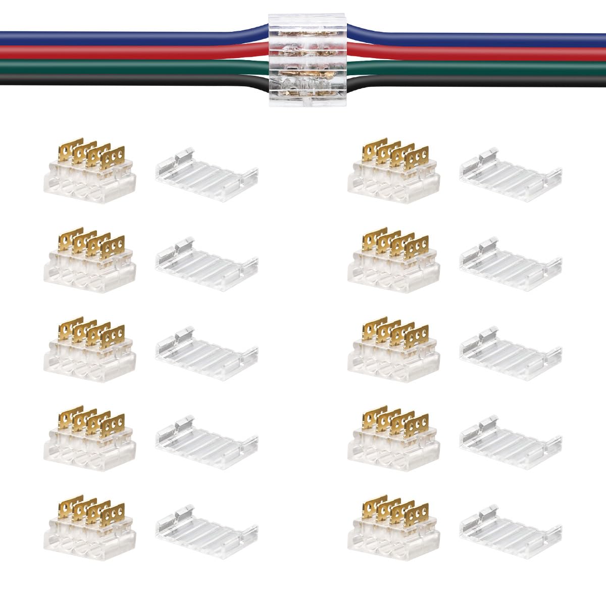 SLLHUT 4 Pin Low Voltage Wire Splice Connectors - 20 to 24 AWG RV LED Wire Extension - 10 Pcs Quick Solderless Stripless Plug-in Connectors with Transparent Caps (4-Pin Wire to Wire) - Perfect for RV Lighting, LED Strips, Automotive Wiring & DIY Electrical Projects