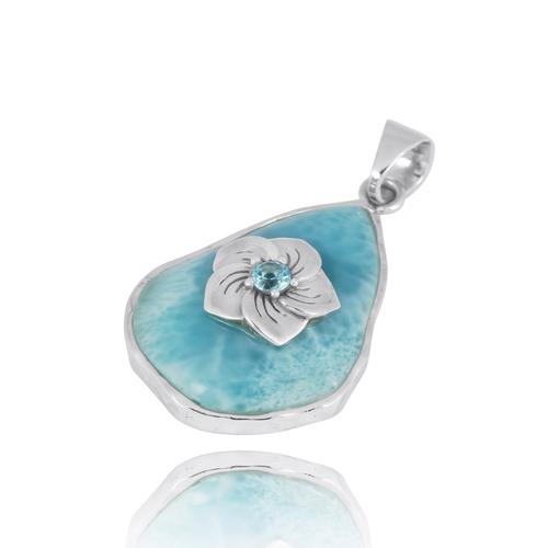 Larimar Pendant Necklace with Sterling Silver Hibiscus Flower & Swiss Blue Topaz - Elegant Jewelry Gift for Women, Perfect for Weddings, Anniversaries and Special Occasions