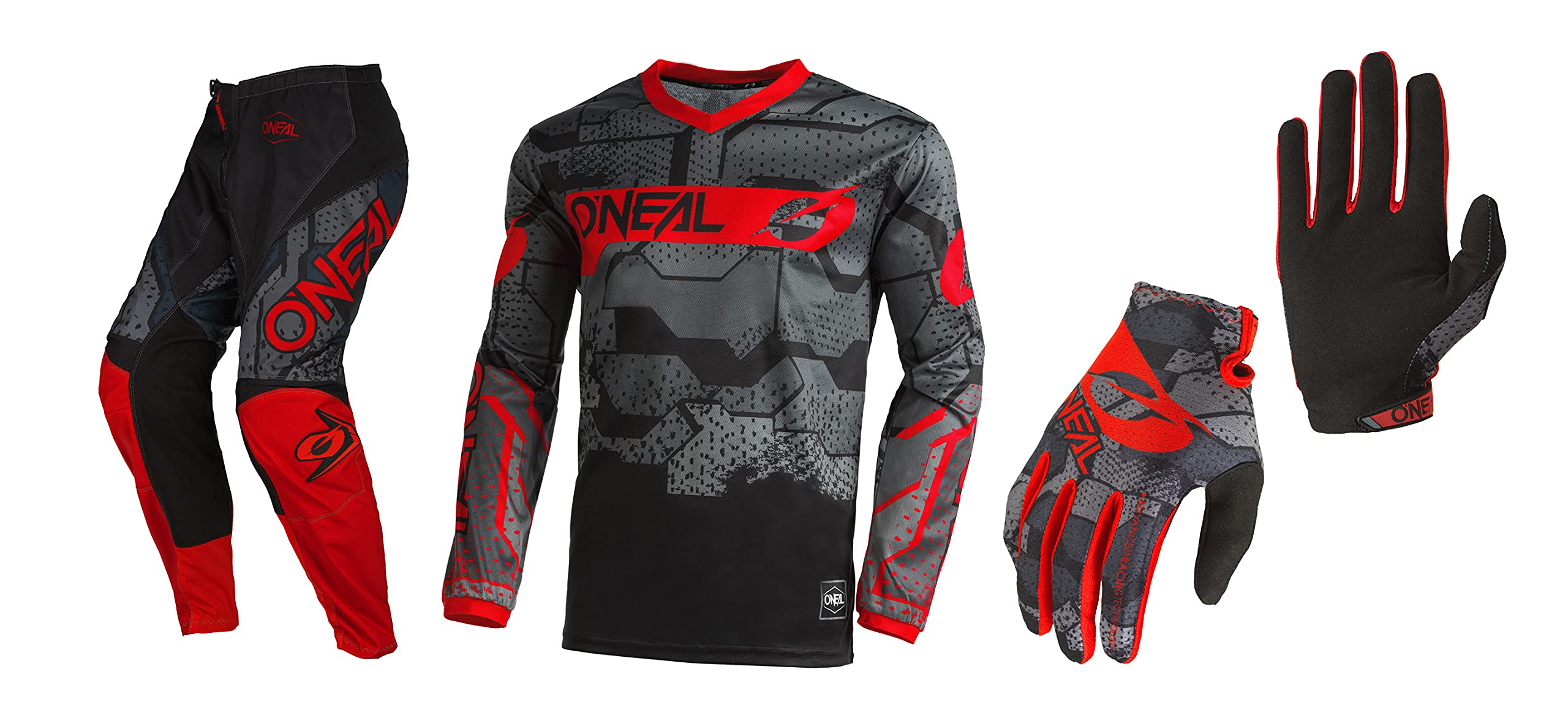 Oneal Element Camo Black/Red Motocross Jersey Pant Gloves Combo Set - JRSY LRG, PNT 38, GLV LRG - Perfect for Dirt Bike Racing & Off-Road Riding