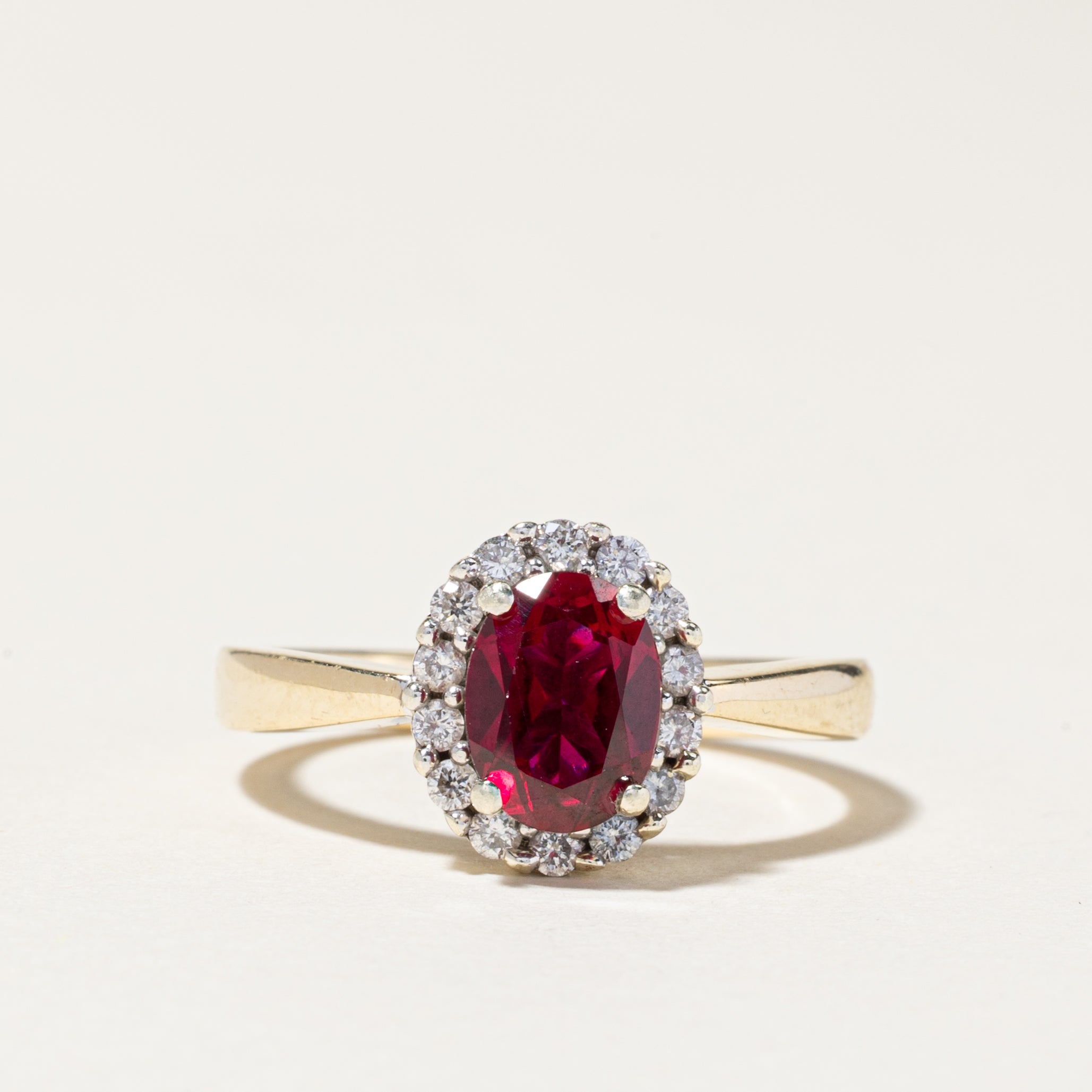 10K Gold Synthetic Ruby & Diamond Halo Ring - 1.50ct Center Stone, 0.22ctw Diamond Accents - Size 7.5 - Elegant Engagement, Anniversary or Gift Jewelry for Women