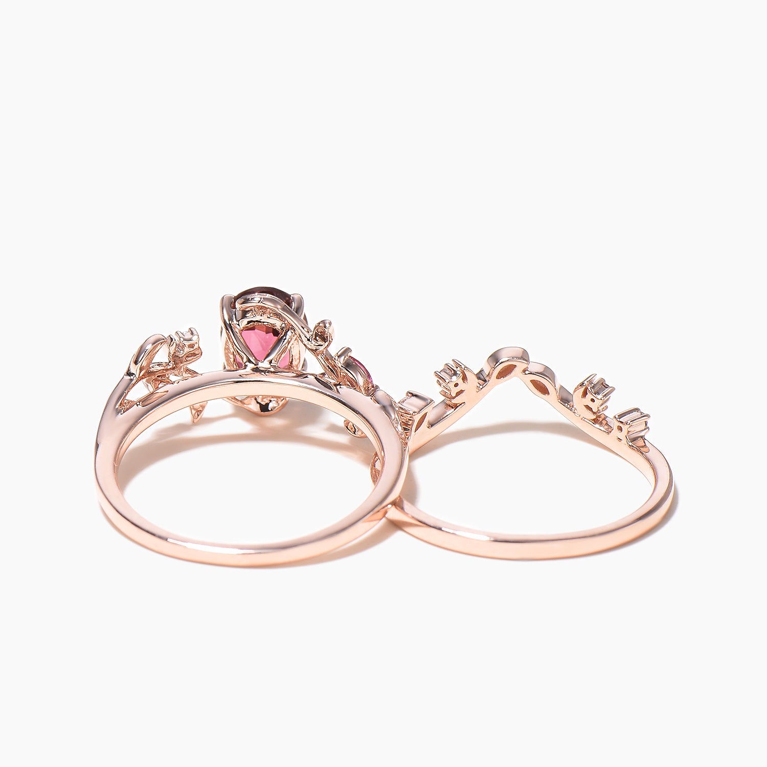Natural Pink Tourmaline & Diamond Wedding Ring Set - Oval Cut Nature Inspired Leaf Moon Bridal Jewelry for Engagement, Anniversary & Special Occasions