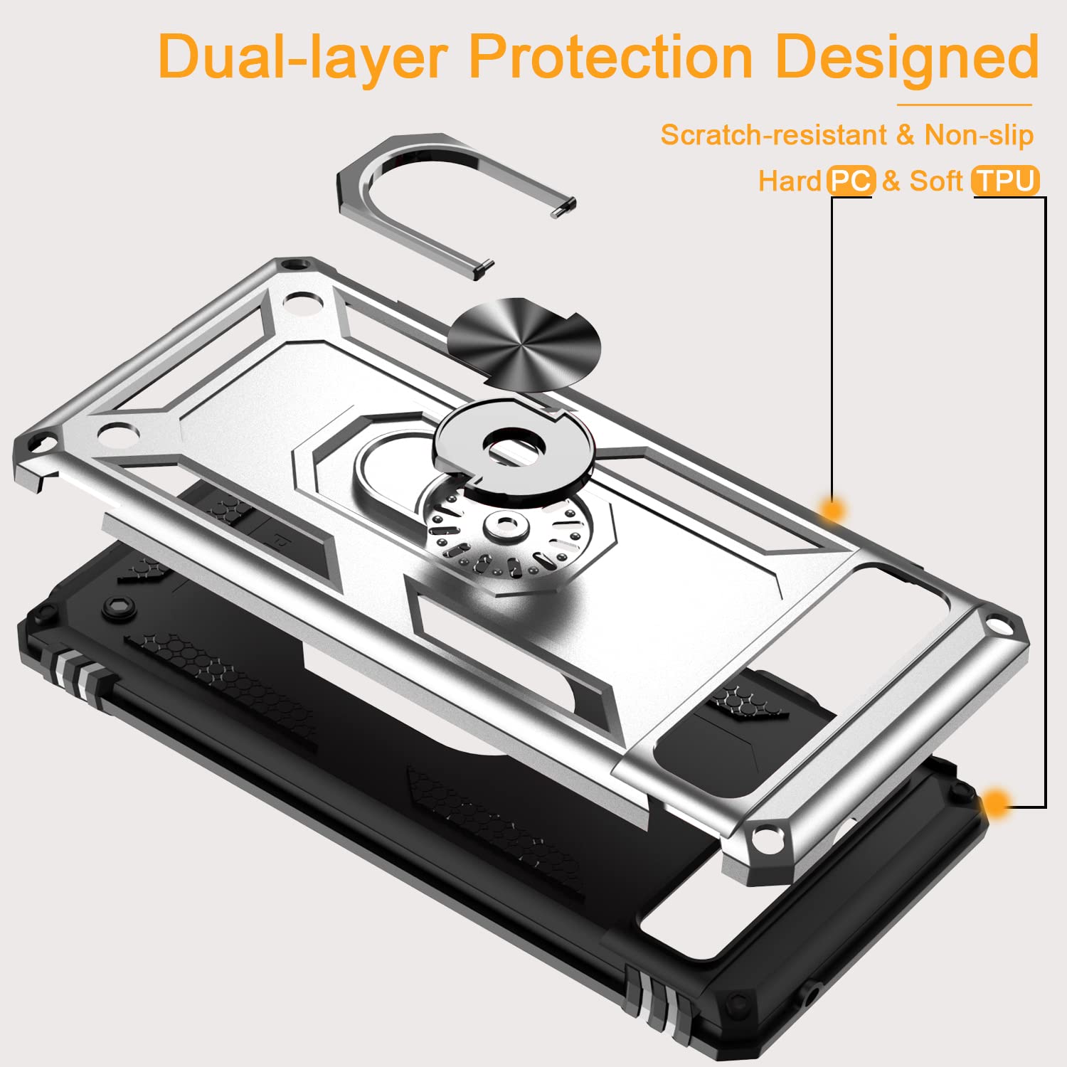 Google Pixel 6a Case with Tempered Glass Screen Protector (2 Pack) - Military-Grade Shockproof Armor Cover & Magnetic Kickstand - Silver | Perfect for Outdoor Activities, Travel & Daily Protection