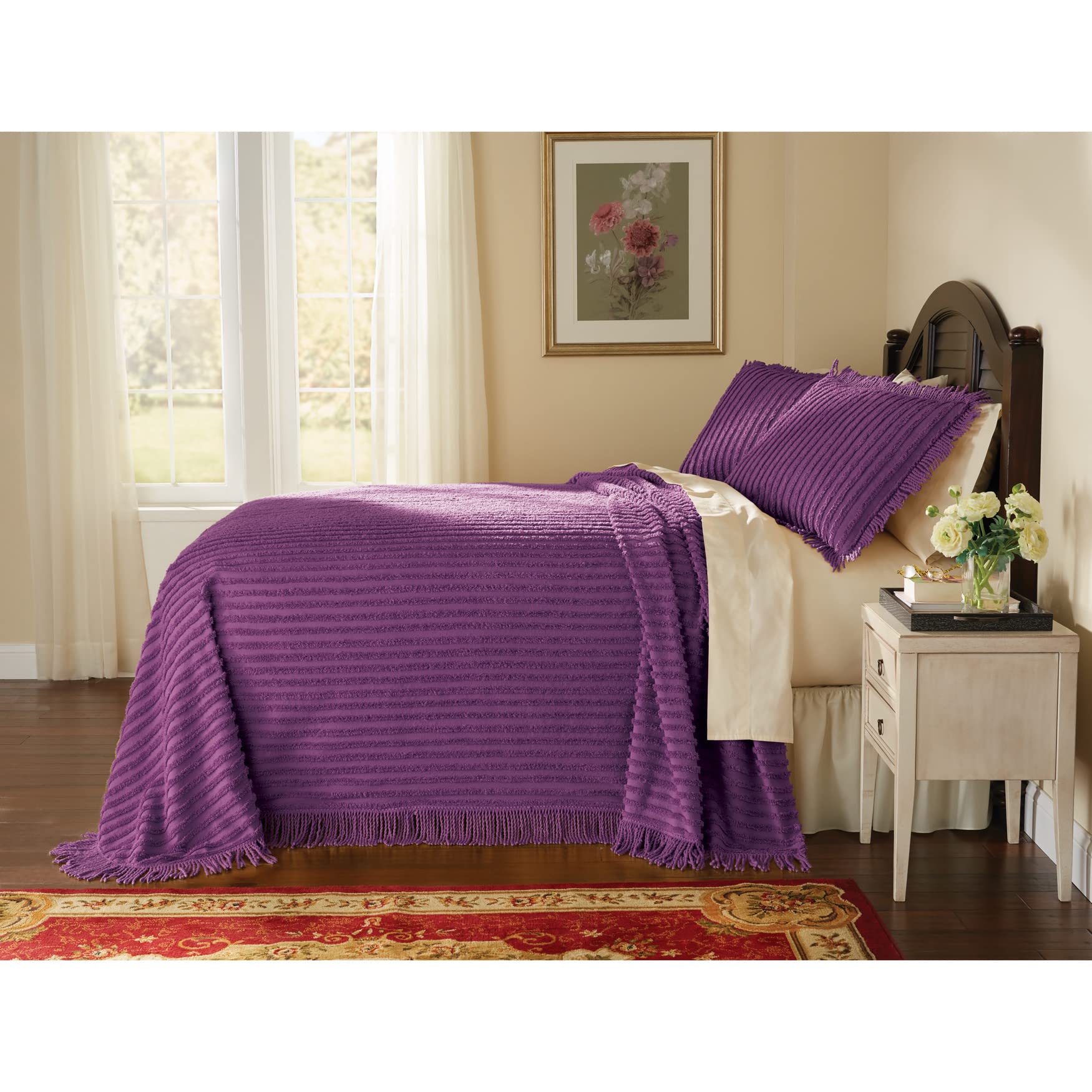 BrylaneHome Oversized Extra Wide Cotton Chenille Bedspread with Fringed Hems - Queen Size, Sage Green | Soft Luxury Bed Cover for Master Bedroom, Guest Room & Dorm Decor