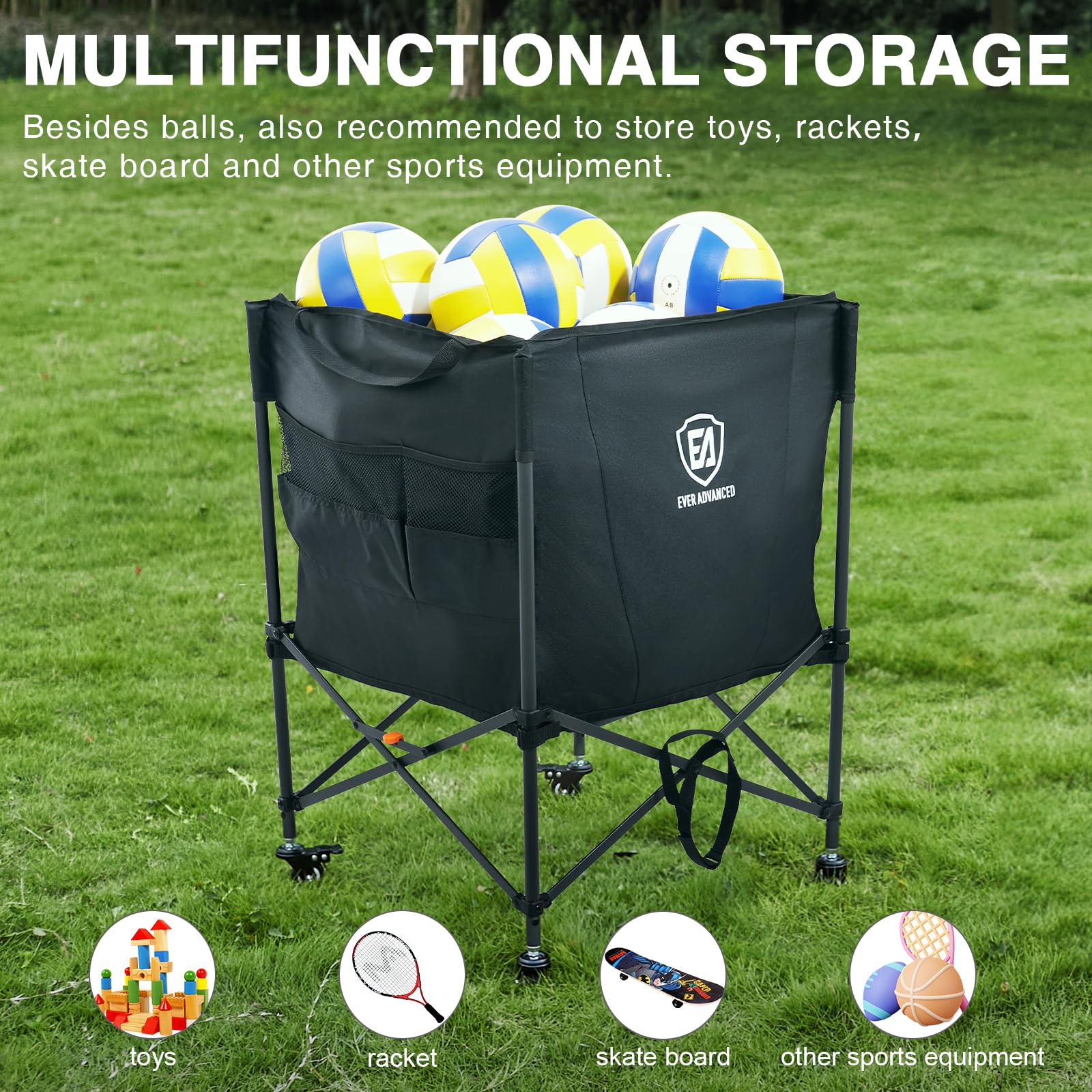EVER ADVANCED Rolling Ball Storage Cart with Lockable Wheels - 33 x 22.8 Inch Collapsible Sports Equipment Organizer for Volleyball, Basketball, Tennis & Toys - Perfect for Garage, Gym, Playroom & Family Sports Storage