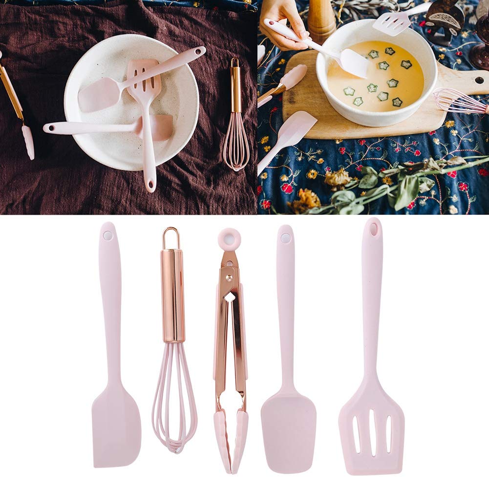 5-Piece Silicone Kitchen Utensil Set - Mini Baking Scrapers & Egg Beater with Rose Gold Handles - Safe Non-Toxic Children's Baking Tools for Cake Decorating, Cookie Dough, and DIY Dessert Making