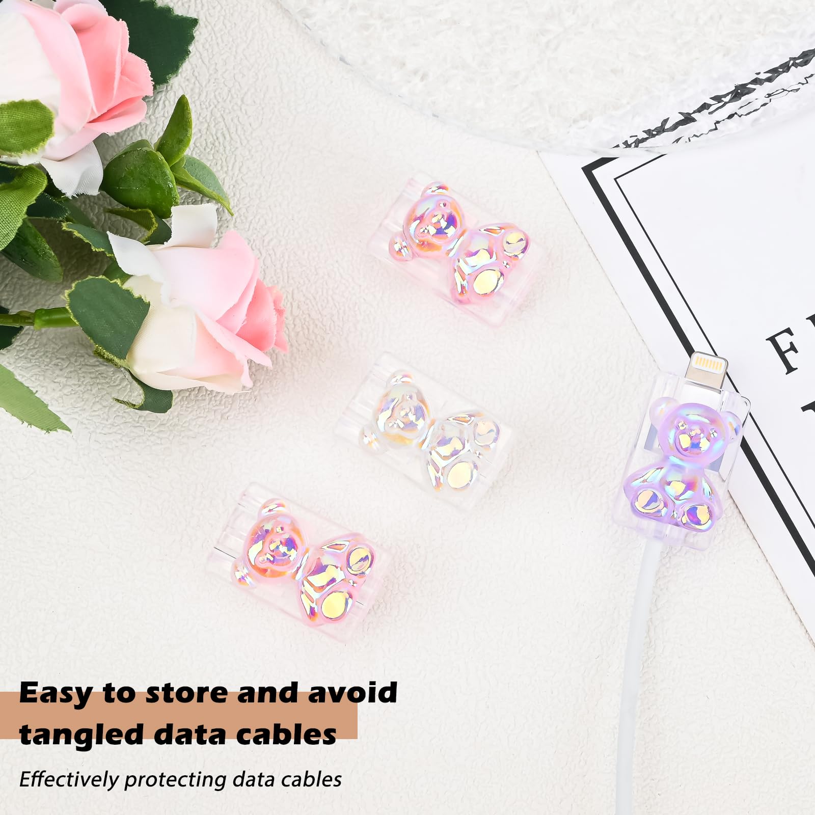 DiyGody 4-Pack 3D Cartoon Bear Cable Protector for iPhone & Android - Cute Shiny Bear Design, Universal Fit for USB-C & Lightning Cables - Perfect for Home, Office & Travel Accessories