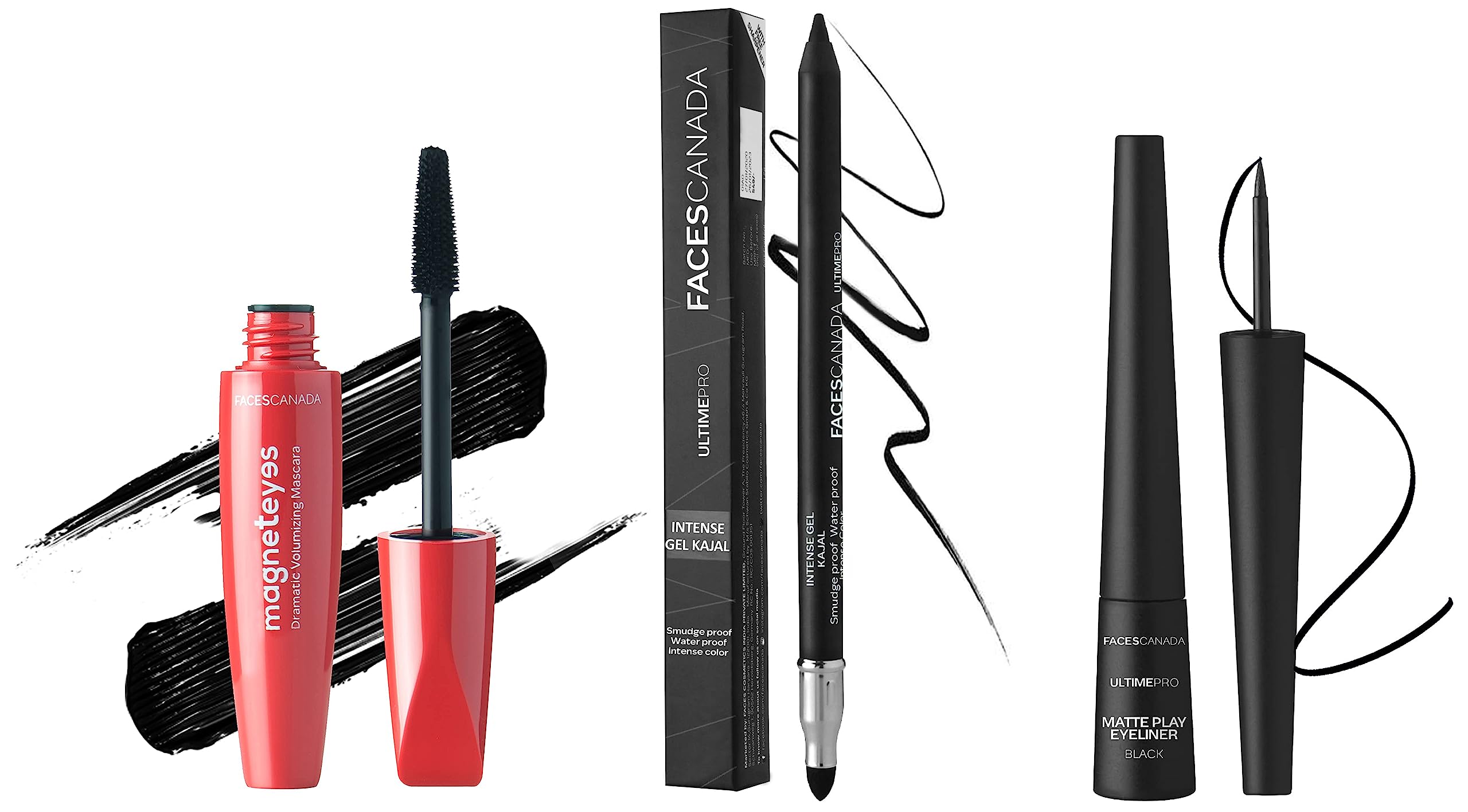 FACESCANDA Ultime Pro Matte Play Pencil Eyeliner & Intense Gel Kajal Set with Sharpener + Magneteyes Volumizing Mascara - Black | Waterproof Long-Lasting Eye Makeup Kit for Smoky Eyes & Everyday Glam